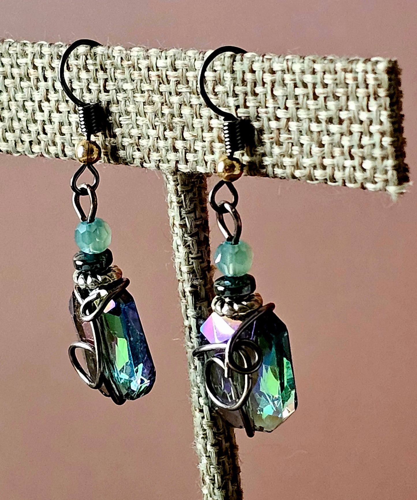 New Artisan Beveled Blue Glass Earrings With Hematite Wire Wrap & Ear Wires