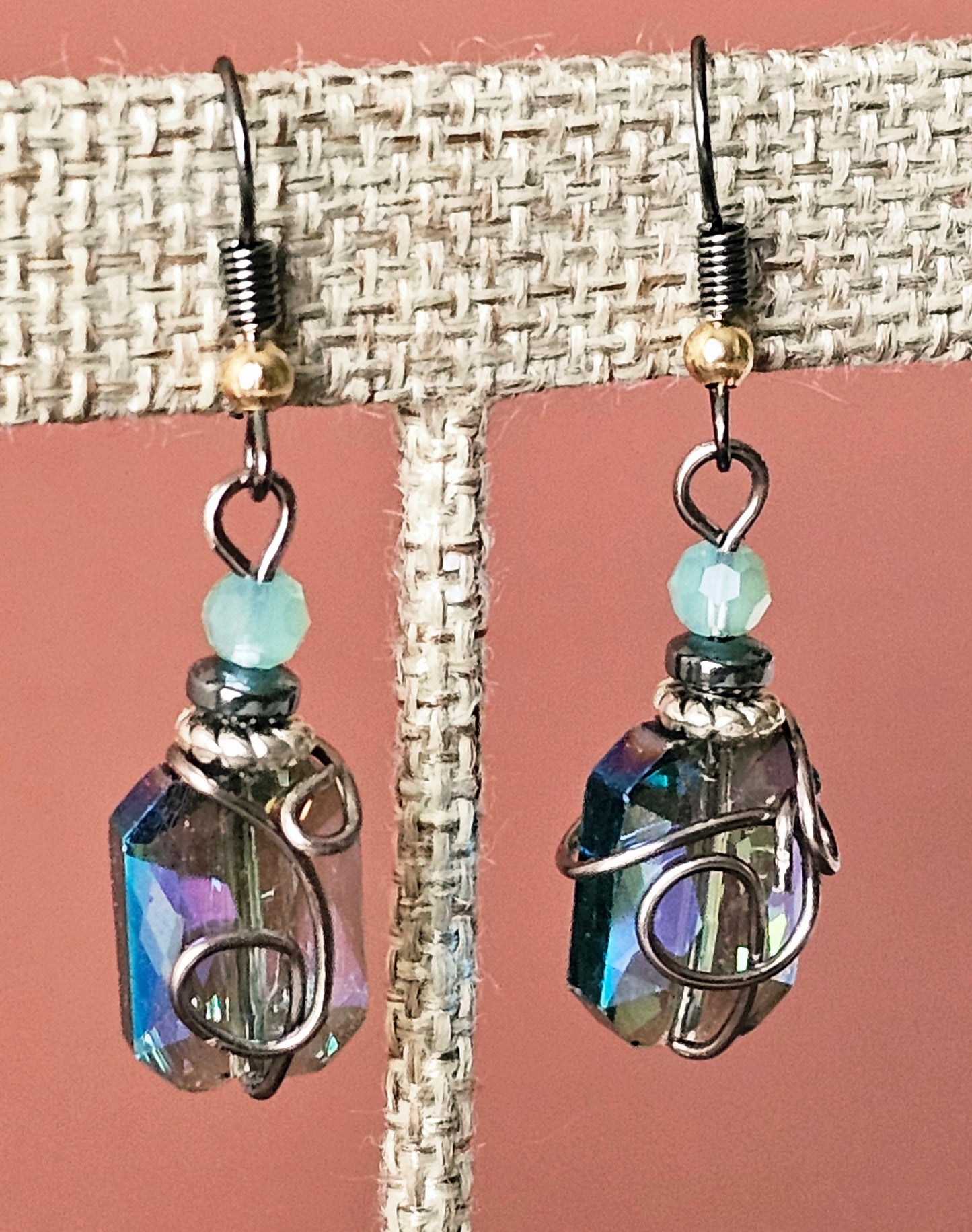 New Artisan Beveled Blue Glass Earrings With Hematite Wire Wrap & Ear Wires