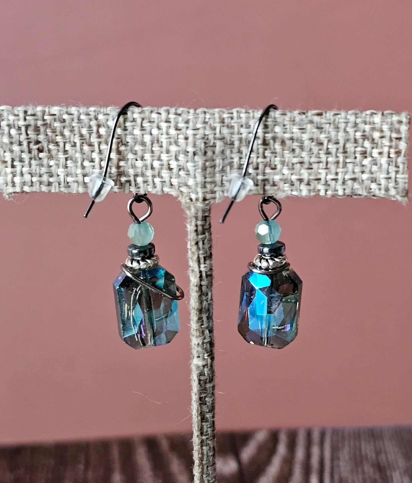 New Artisan Beveled Blue Glass Earrings With Hematite Wire Wrap & Ear Wires
