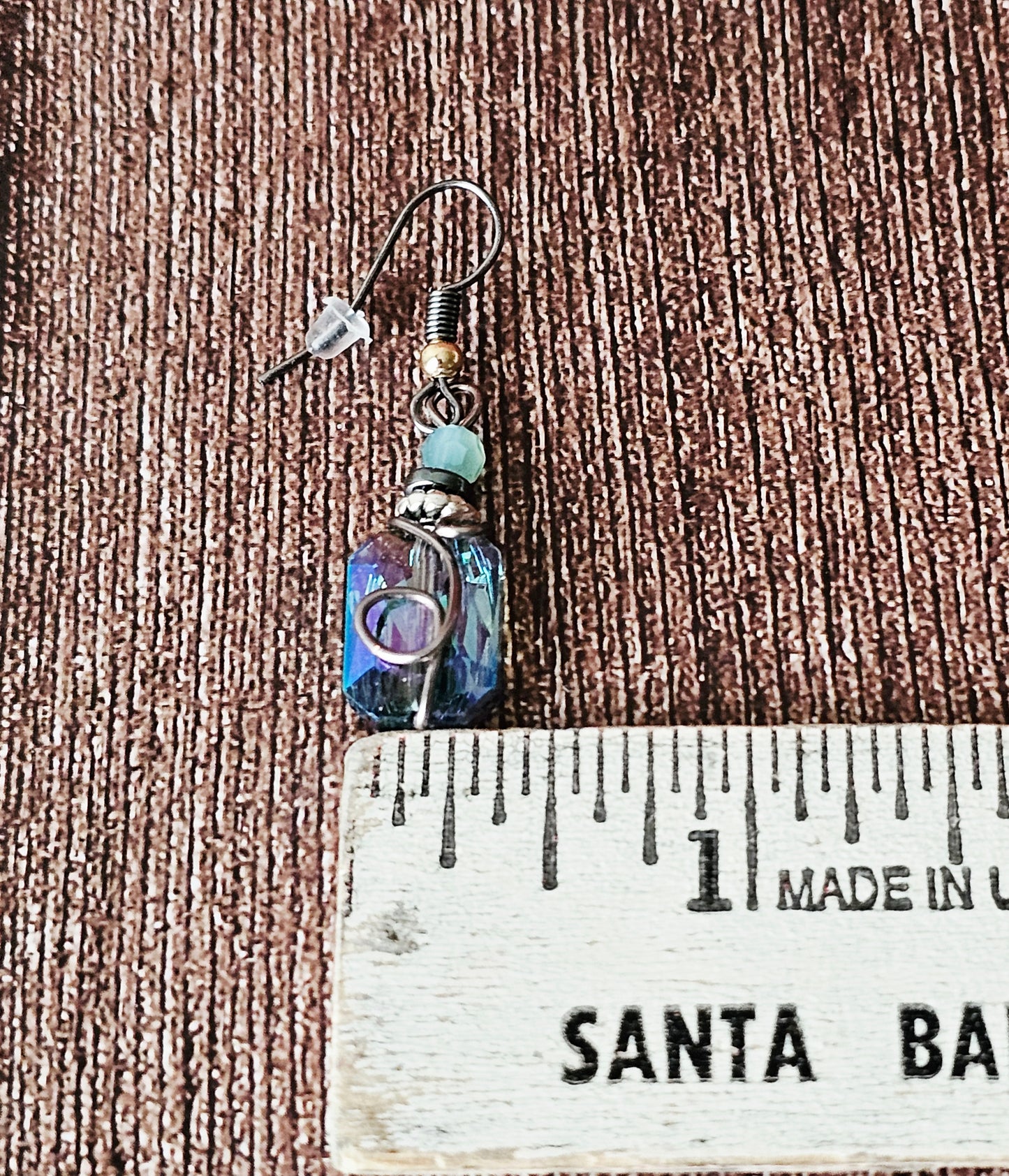 New Artisan Beveled Blue Glass Earrings With Hematite Wire Wrap & Ear Wires