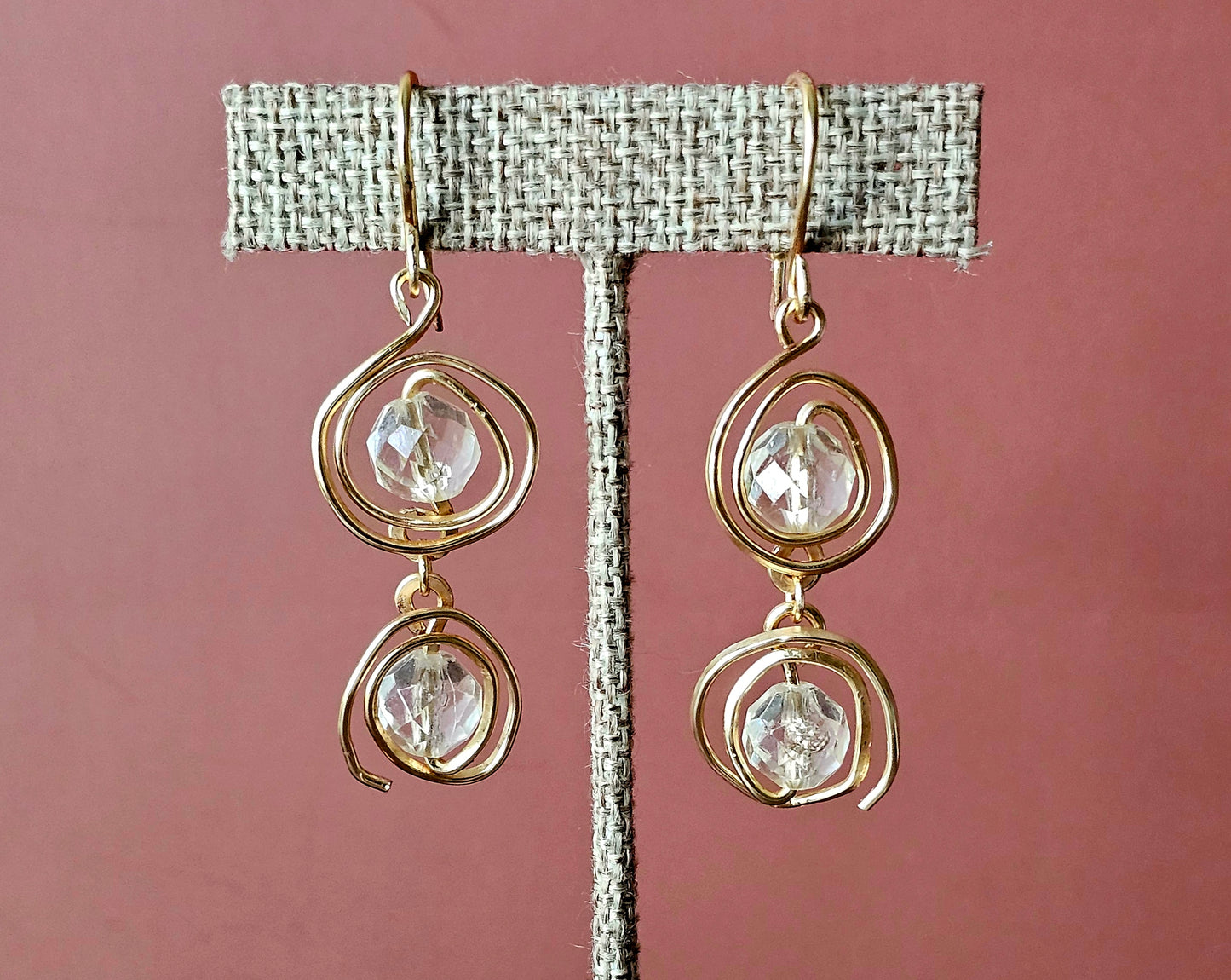 New Artisan Gold Wire Spirals & Clear Bead Earrings 2-Tier 1.75 x .75"