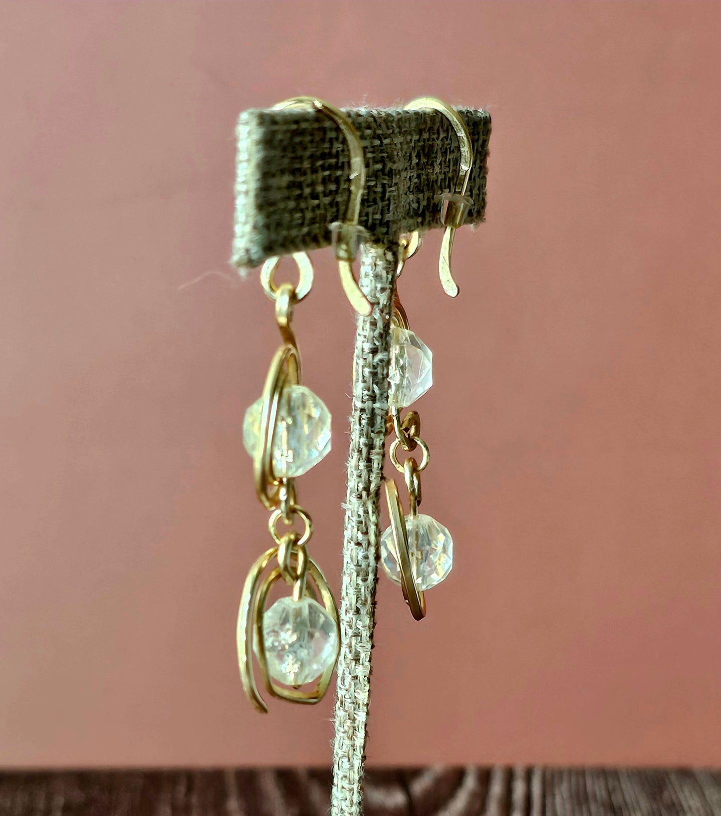 New Artisan Gold Wire Spirals & Clear Bead Earrings 2-Tier 1.75 x .75"