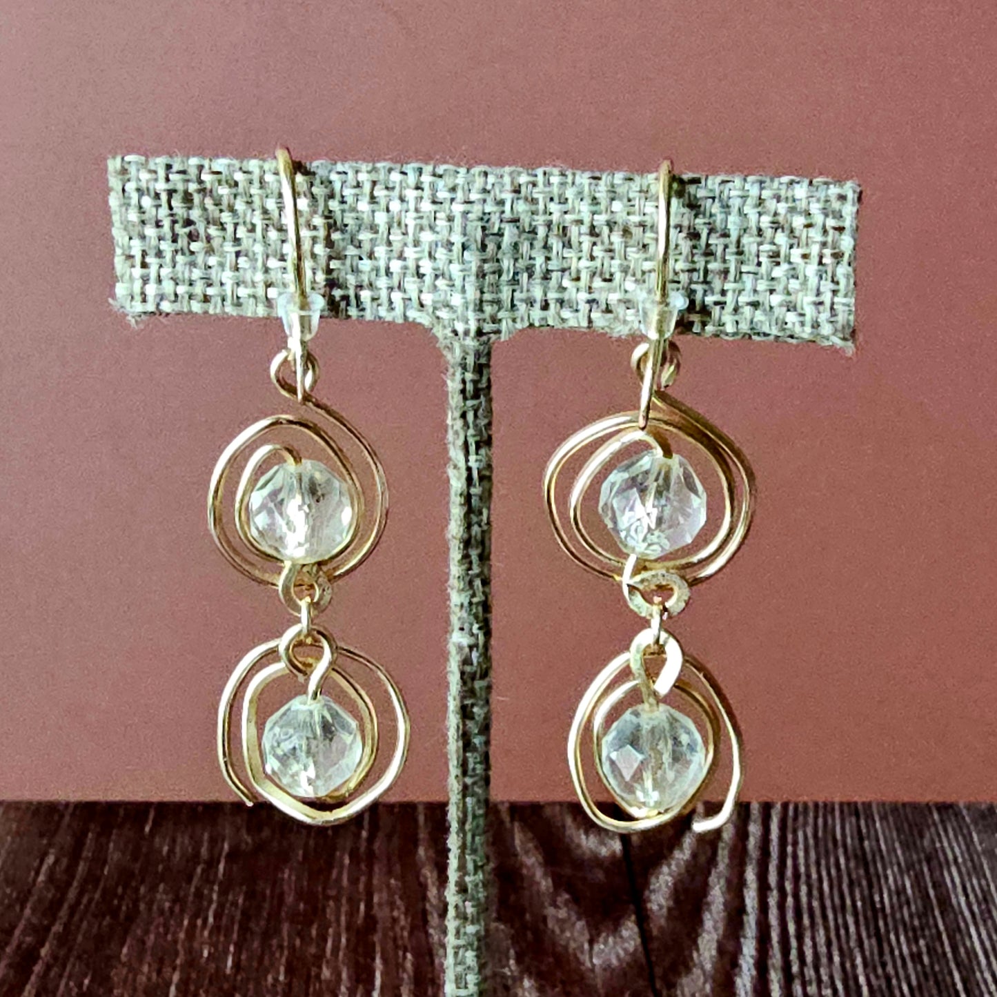 New Artisan Gold Wire Spirals & Clear Bead Earrings 2-Tier 1.75 x .75"