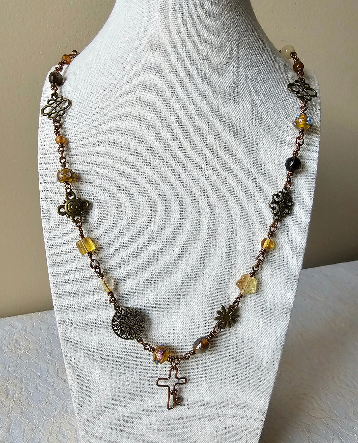 New Artisan Antique Bronze Fall Colors Beaded Charm Wire Wrapped Cross  Necklace