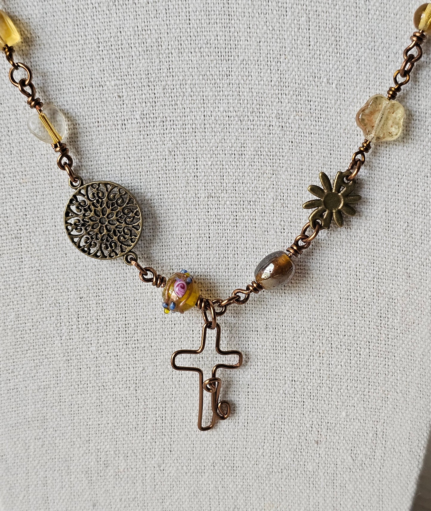 New Artisan Antique Bronze Fall Colors Beaded Charm Wire Wrapped Cross  Necklace