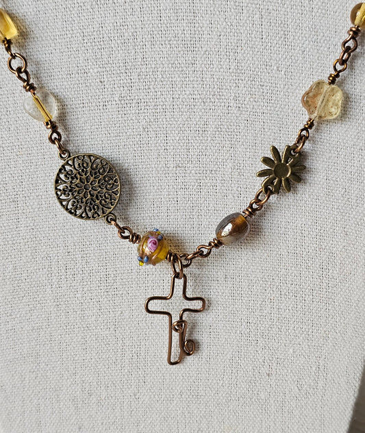 New Artisan Antique Bronze Fall Colors Beaded Charm Wire Wrapped Cross  Necklace
