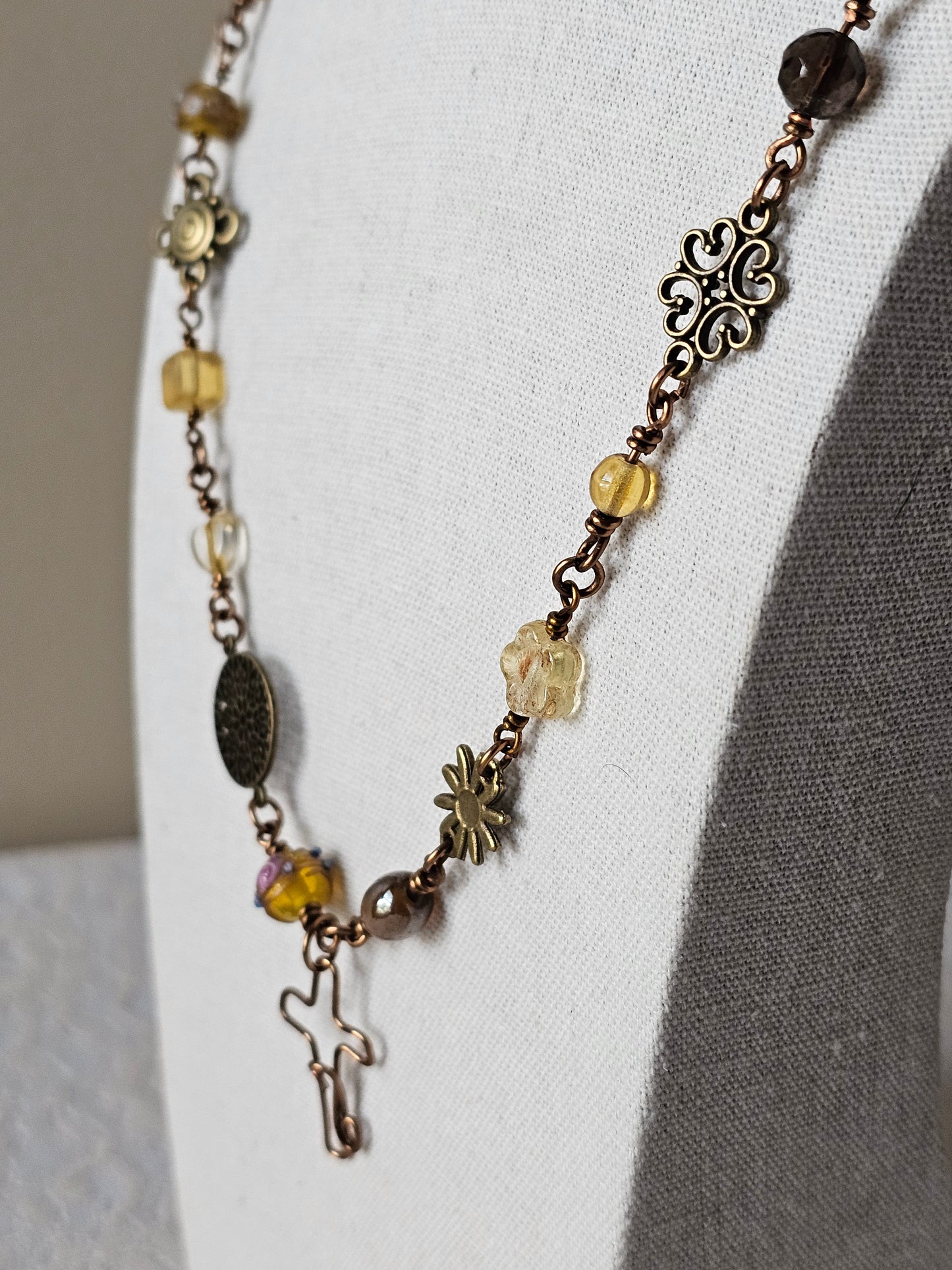 New Artisan Antique Bronze Fall Colors Beaded Charm Wire Wrapped Cross  Necklace