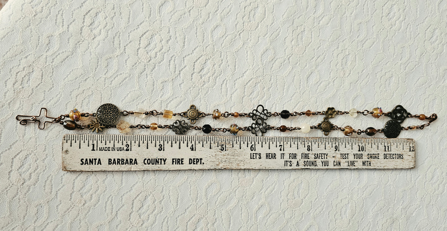 New Artisan Antique Bronze Fall Colors Beaded Charm Wire Wrapped Cross  Necklace