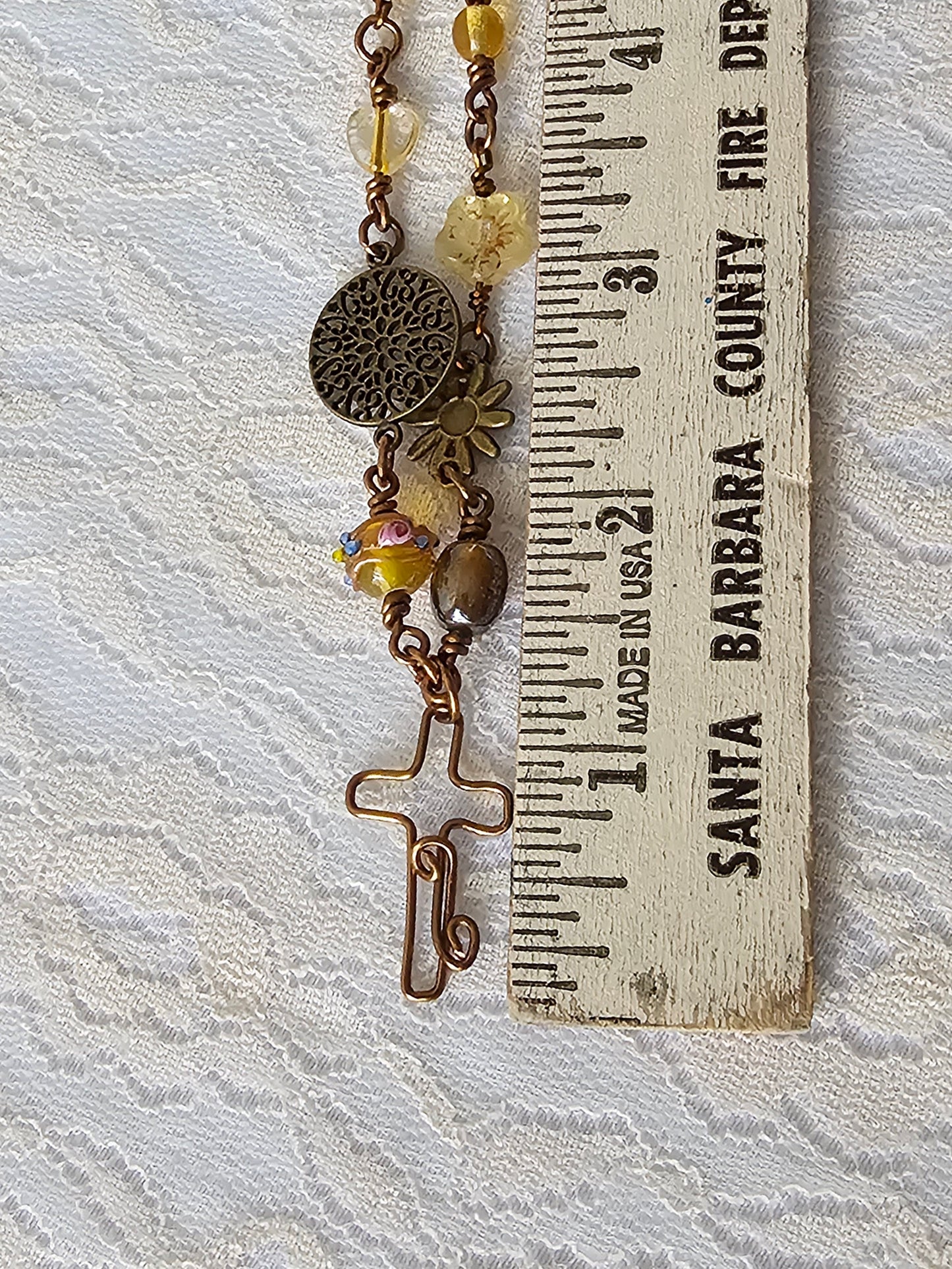 New Artisan Antique Bronze Fall Colors Beaded Charm Wire Wrapped Cross  Necklace