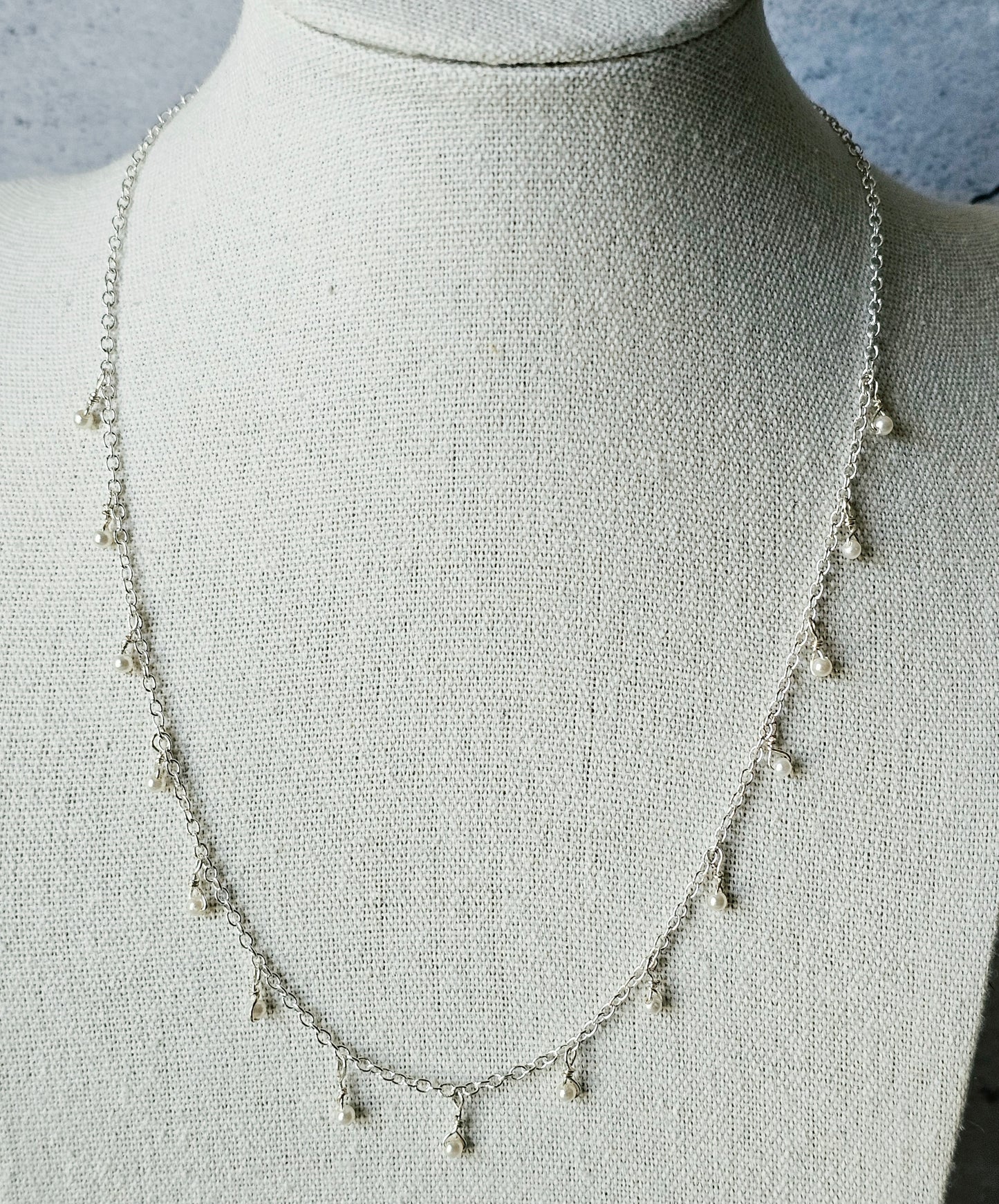 Small Pearl Silver Chain Necklace Wire Wrapped With Lobster Clasp