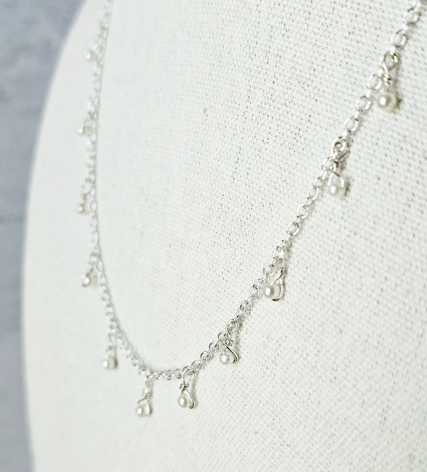 Small Pearl Silver Chain Necklace Wire Wrapped With Lobster Clasp
