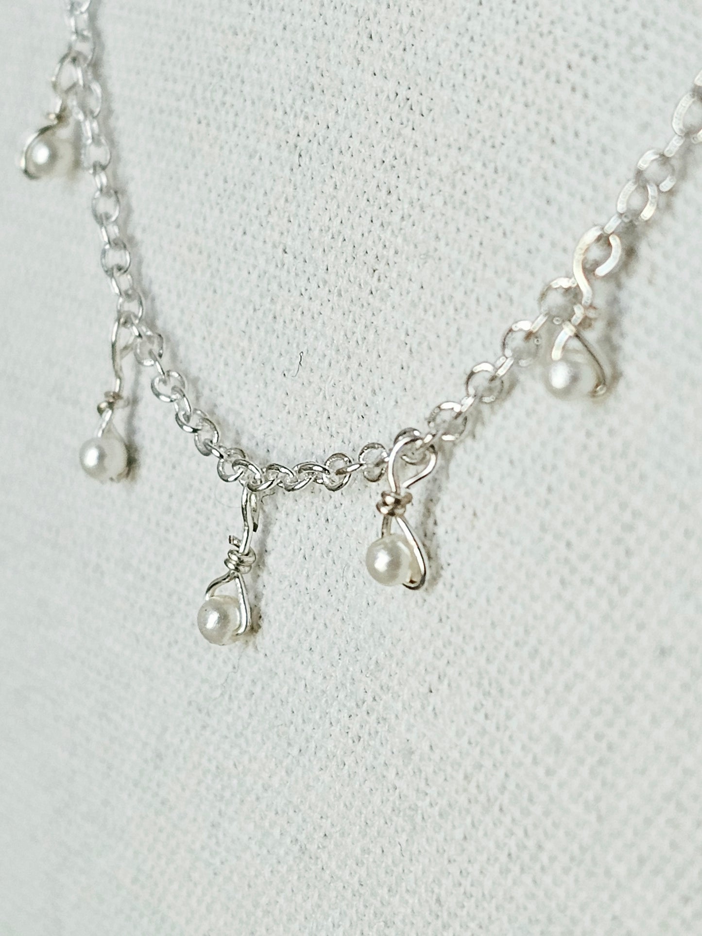 Small Pearl Silver Chain Necklace Wire Wrapped With Lobster Clasp