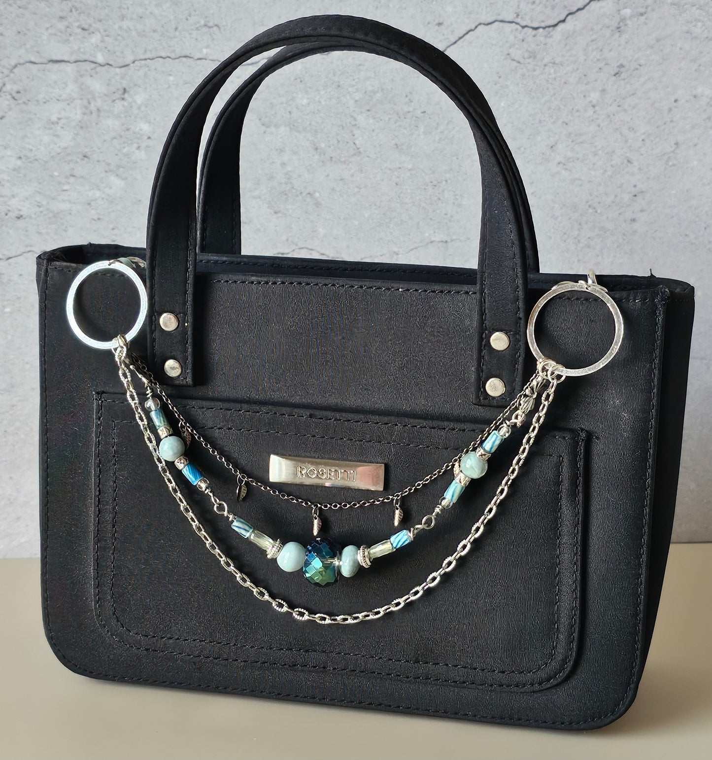 New Artisan Pale Blue, Silver and Iridescent Glass Purse Jewelry Chain Decor