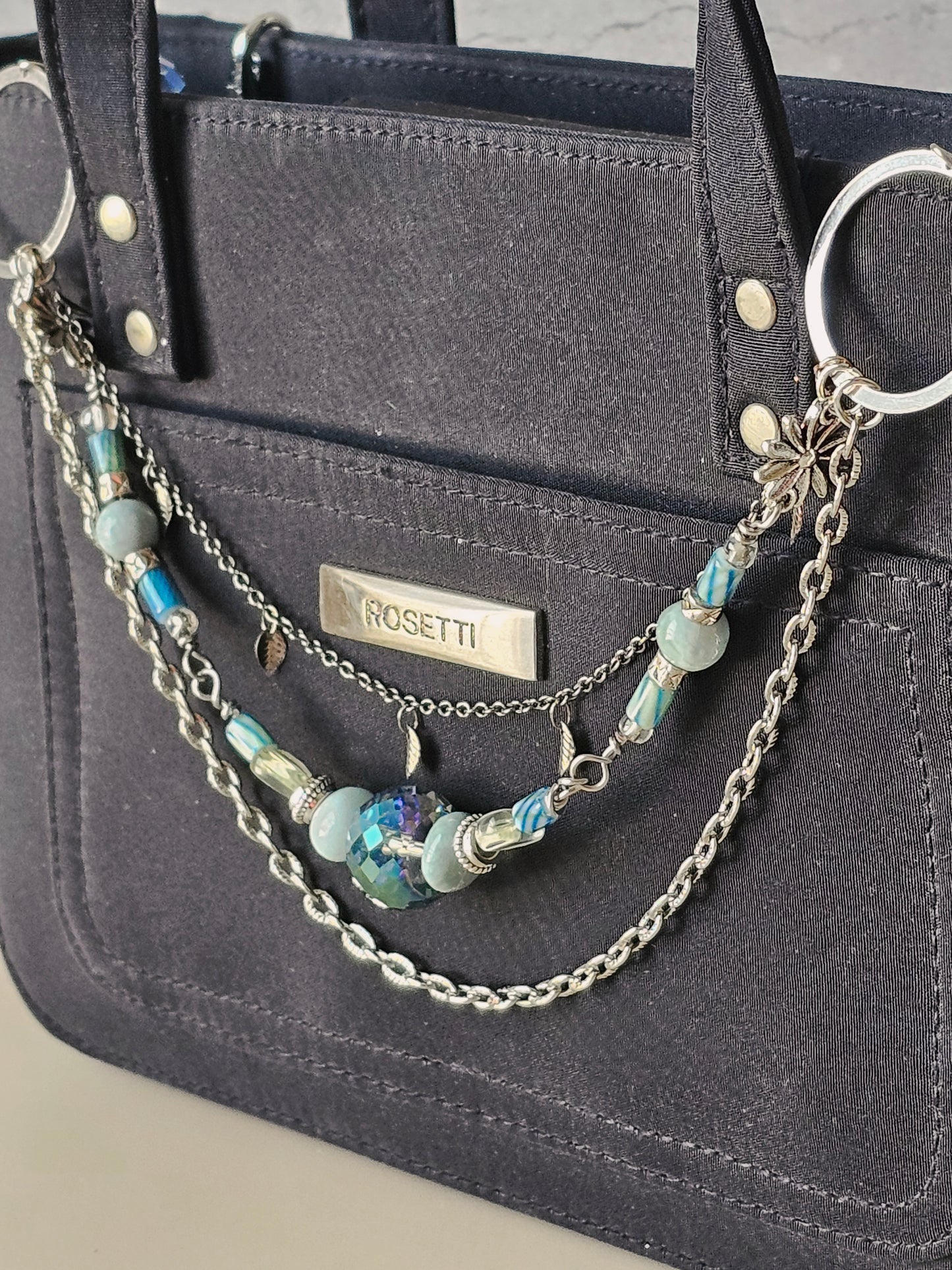 New Artisan Pale Blue, Silver and Iridescent Glass Purse Jewelry Chain Decor
