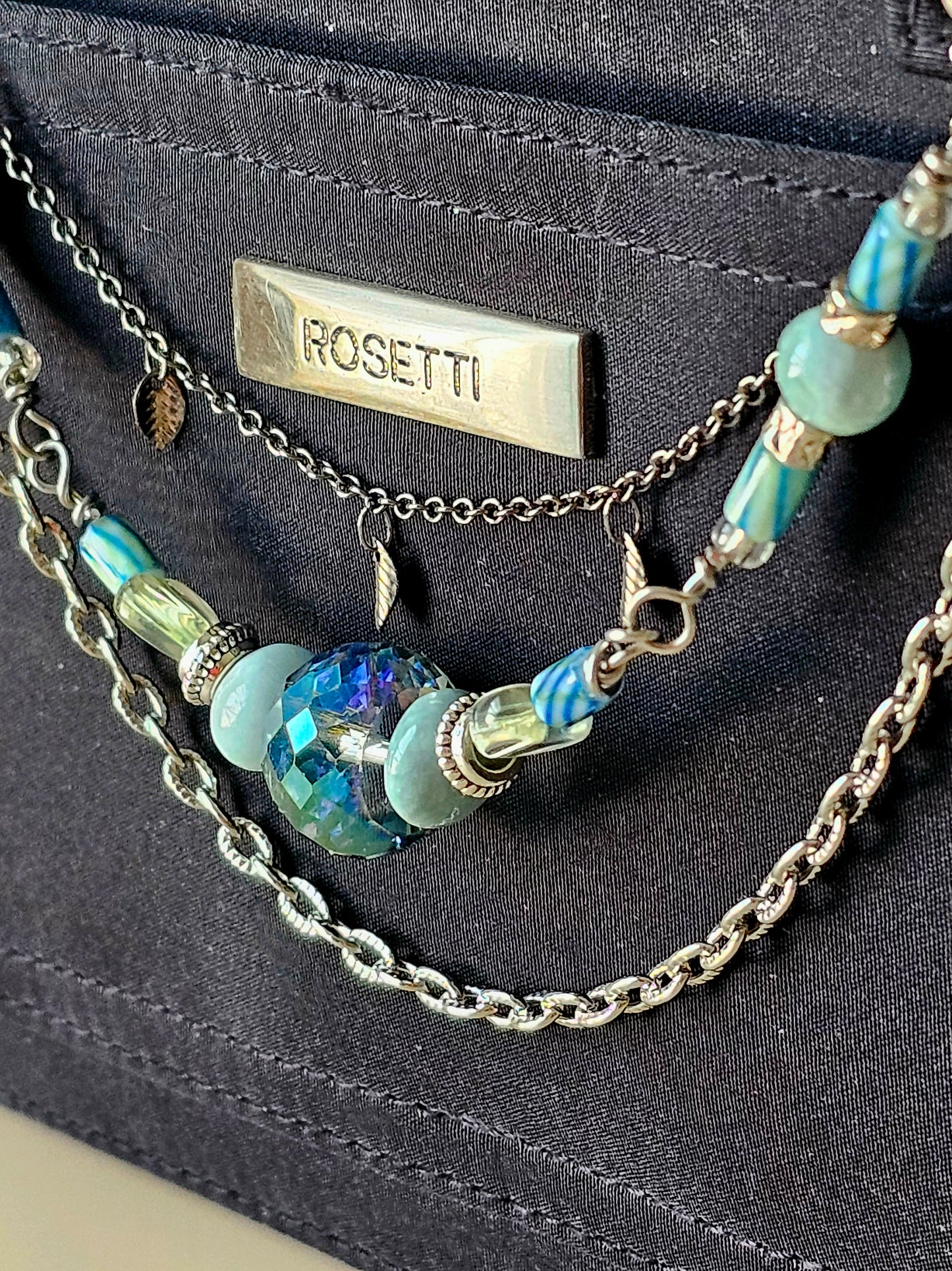 New Artisan Pale Blue, Silver and Iridescent Glass Purse Jewelry Chain Decor