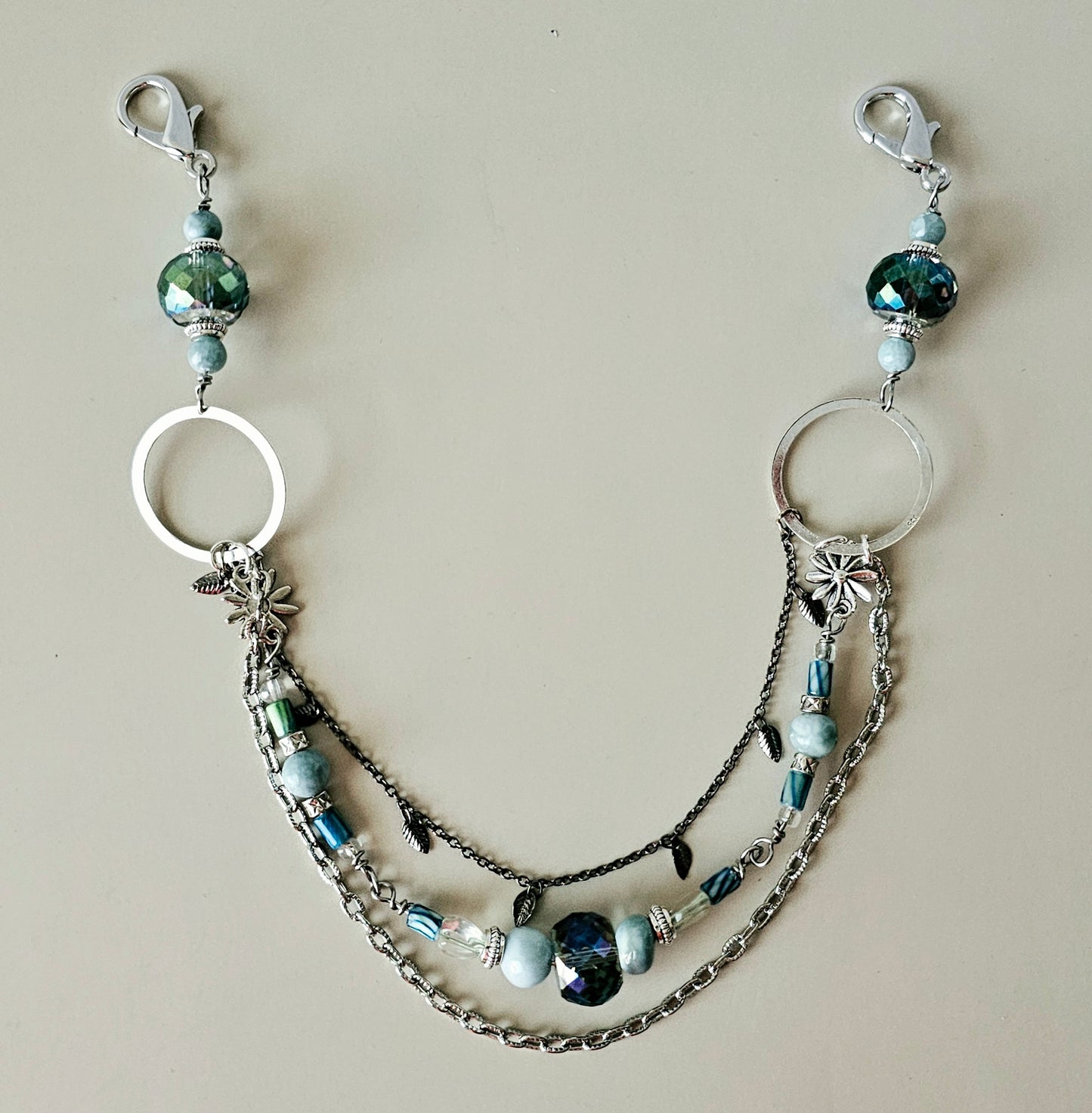 New Artisan Pale Blue, Silver and Iridescent Glass Purse Jewelry Chain Decor
