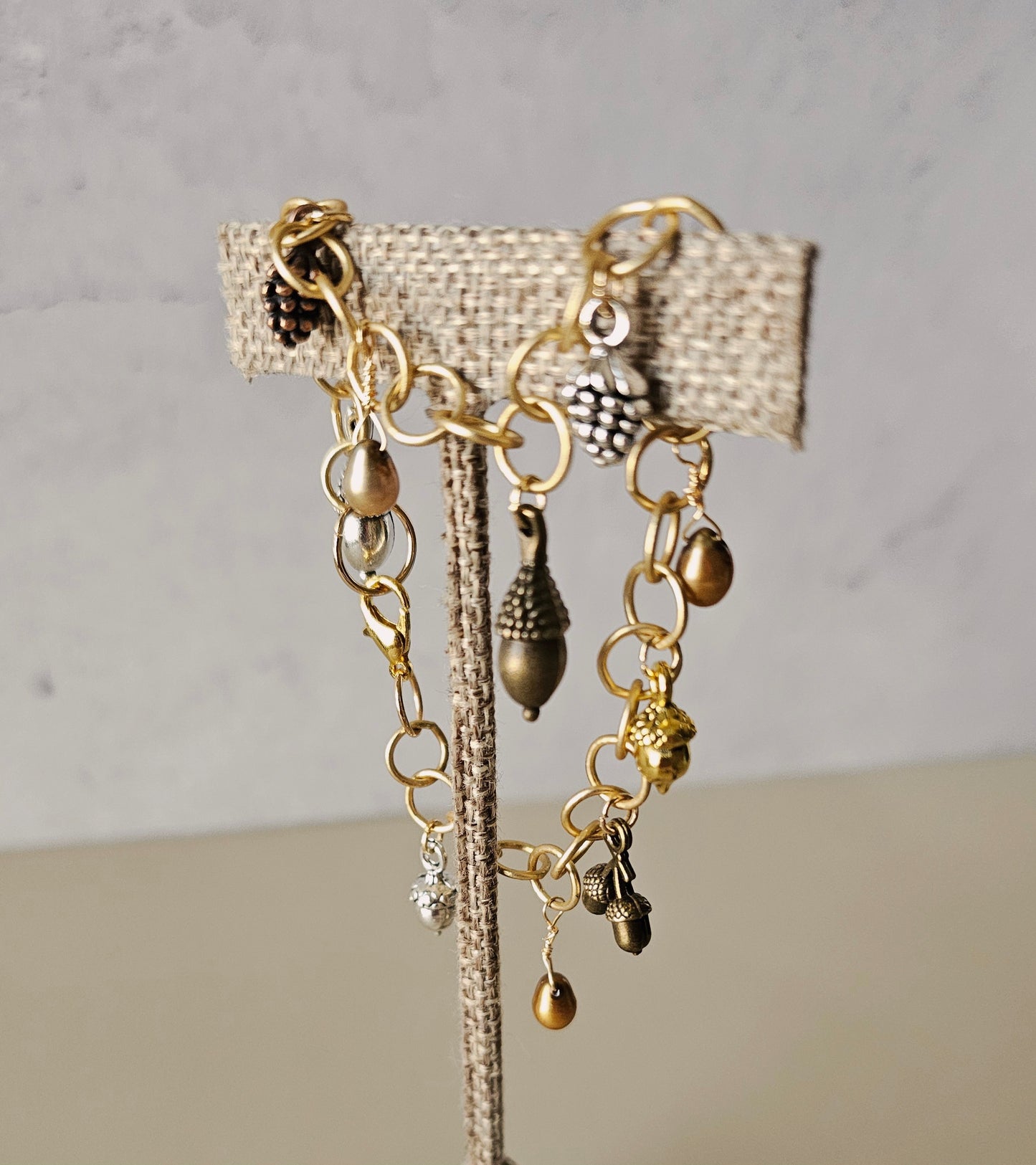 New Fall Thanksgiving Artisan Charm Bracelet With Pinecones & Acorns