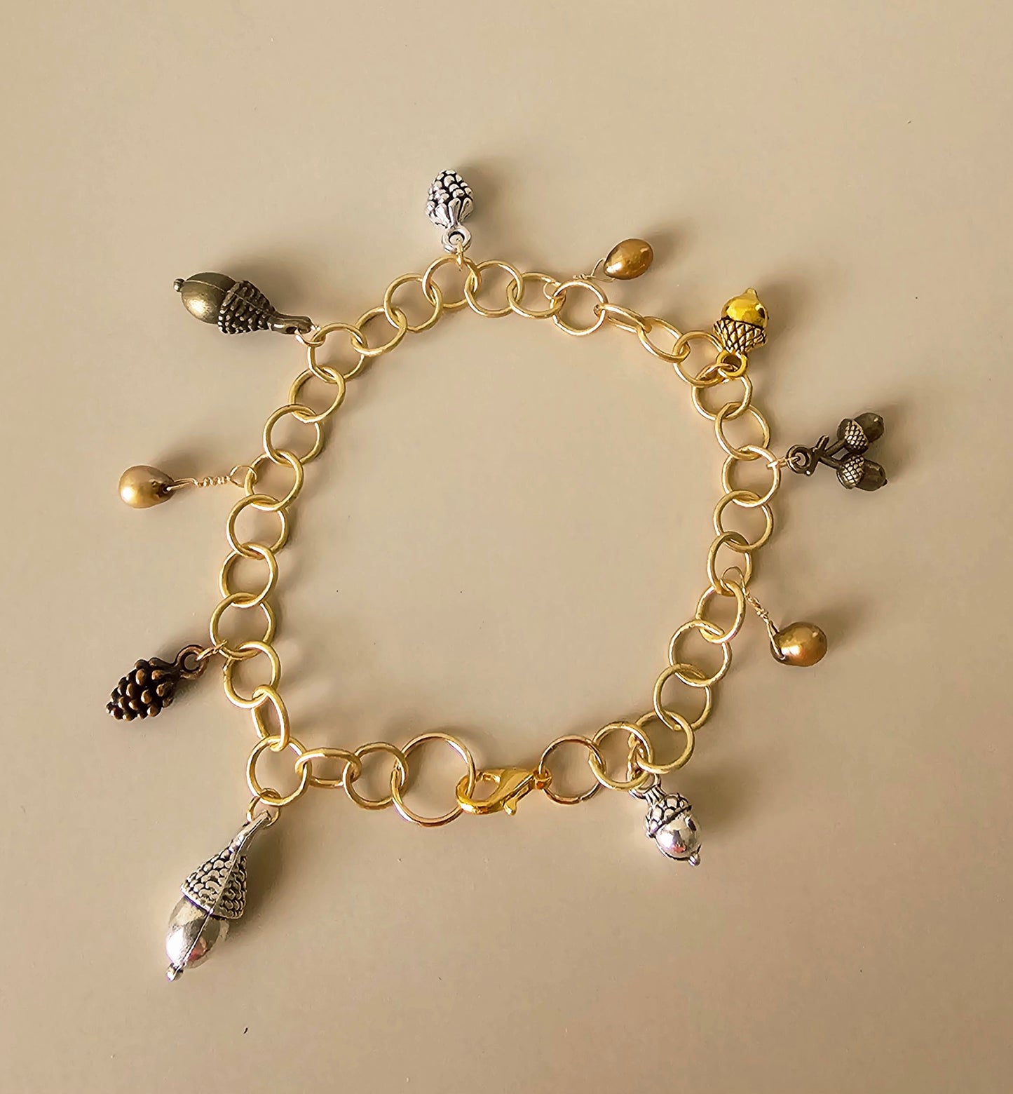 New Fall Thanksgiving Artisan Charm Bracelet With Pinecones & Acorns