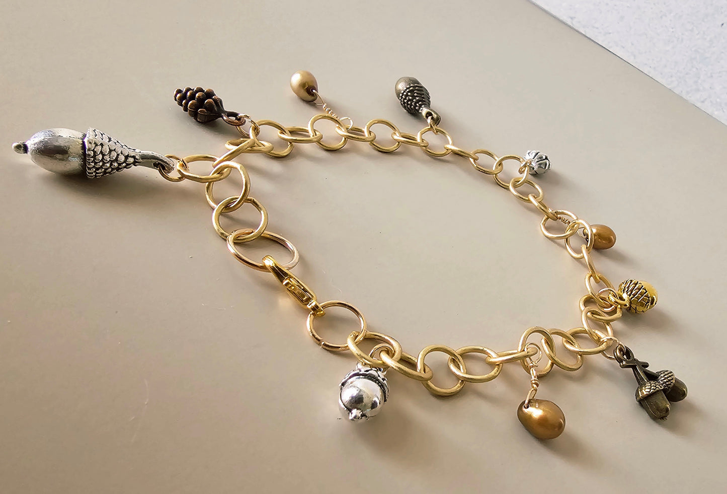 New Fall Thanksgiving Artisan Charm Bracelet With Pinecones & Acorns