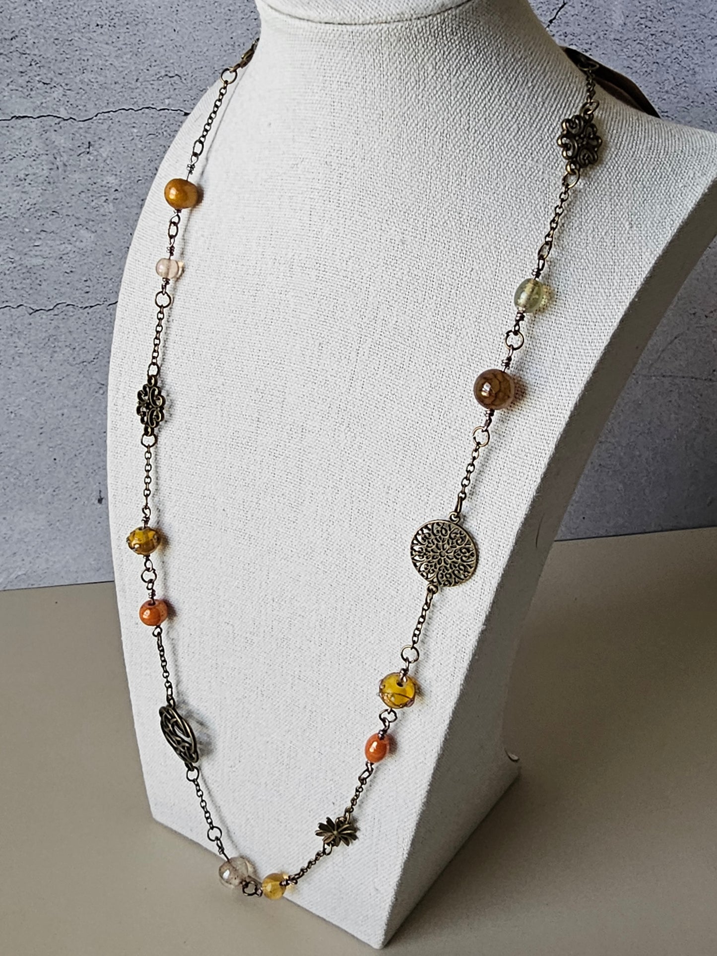 New Artisan Antique Bronze Charm, Glass and Jasper Bead Necklace 26"