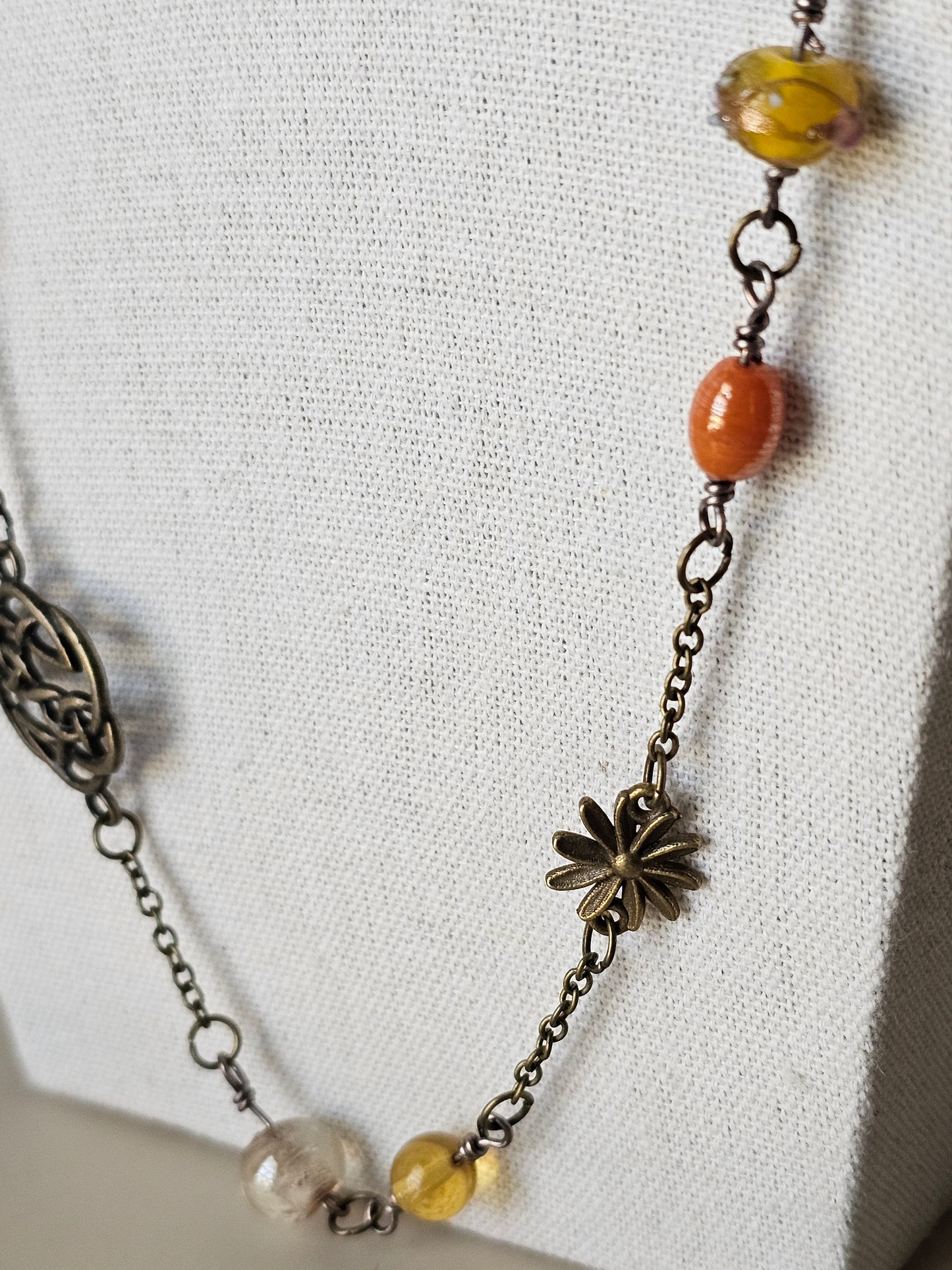 New Artisan Antique Bronze Charm, Glass and Jasper Bead Necklace 26"