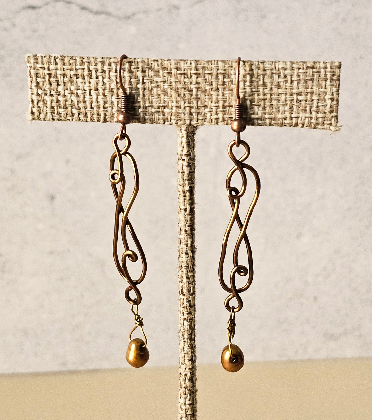 New Artisan Copper Scroll Wire Wrap Earrings W/Bronze Pearl Beads