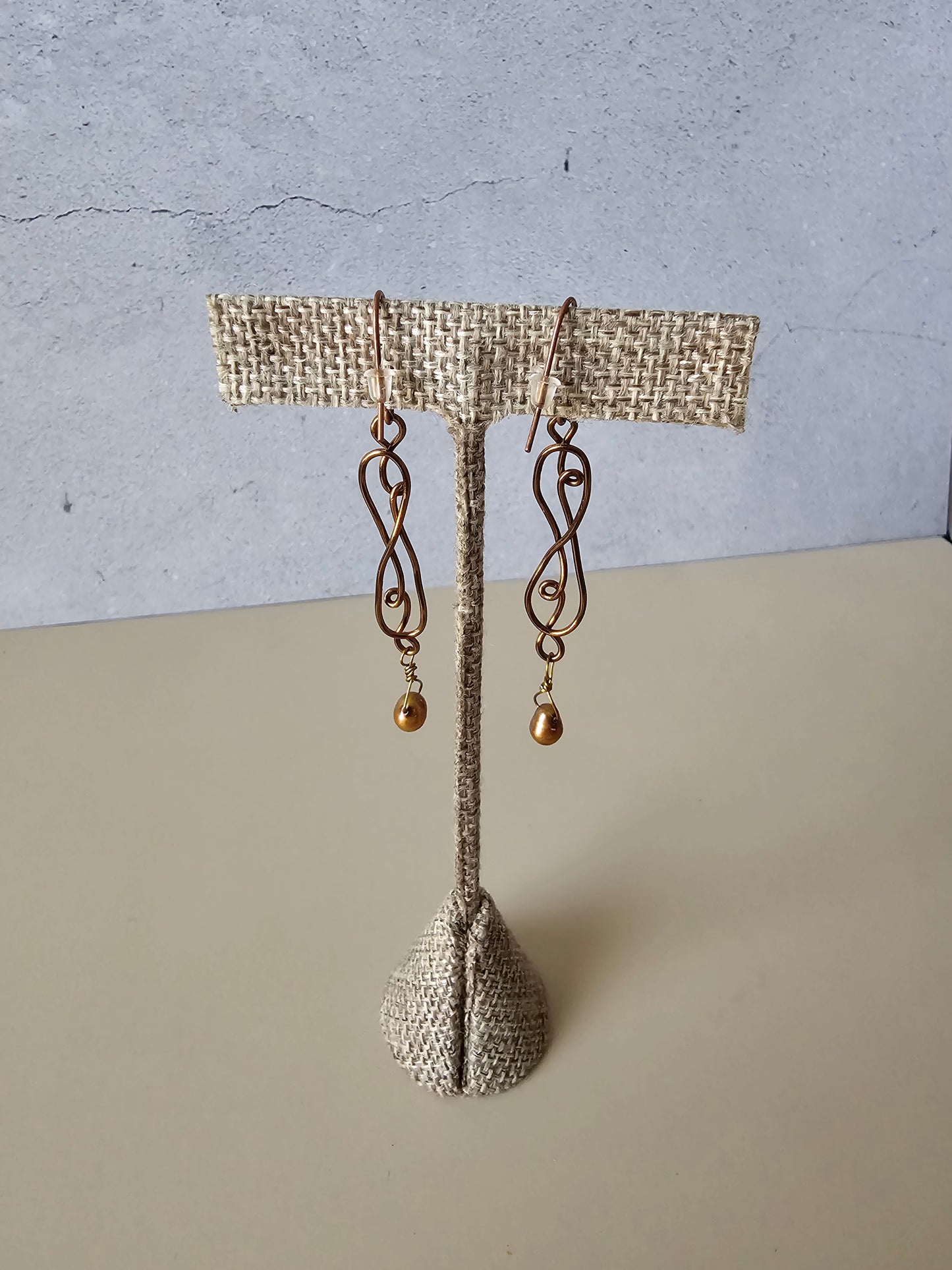 New Artisan Copper Scroll Wire Wrap Earrings W/Bronze Pearl Beads