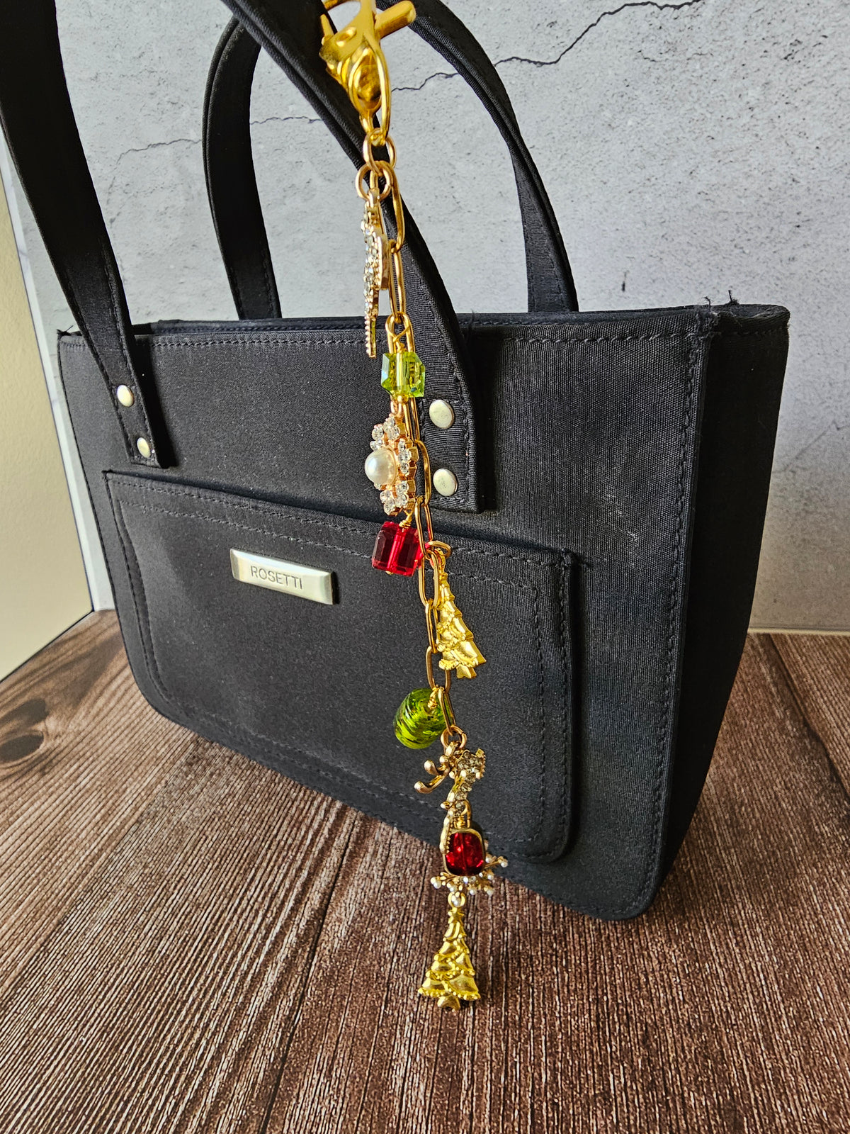 Christmas Purse Chain Lanyard With Charms, Red & Green Crystal Beads 8" Gold Tone