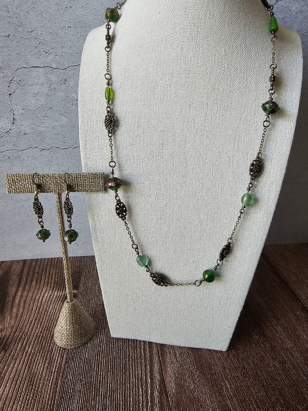 Antique Bronze Charm Chain Necklace Earrings Set W/Green Glass Beads