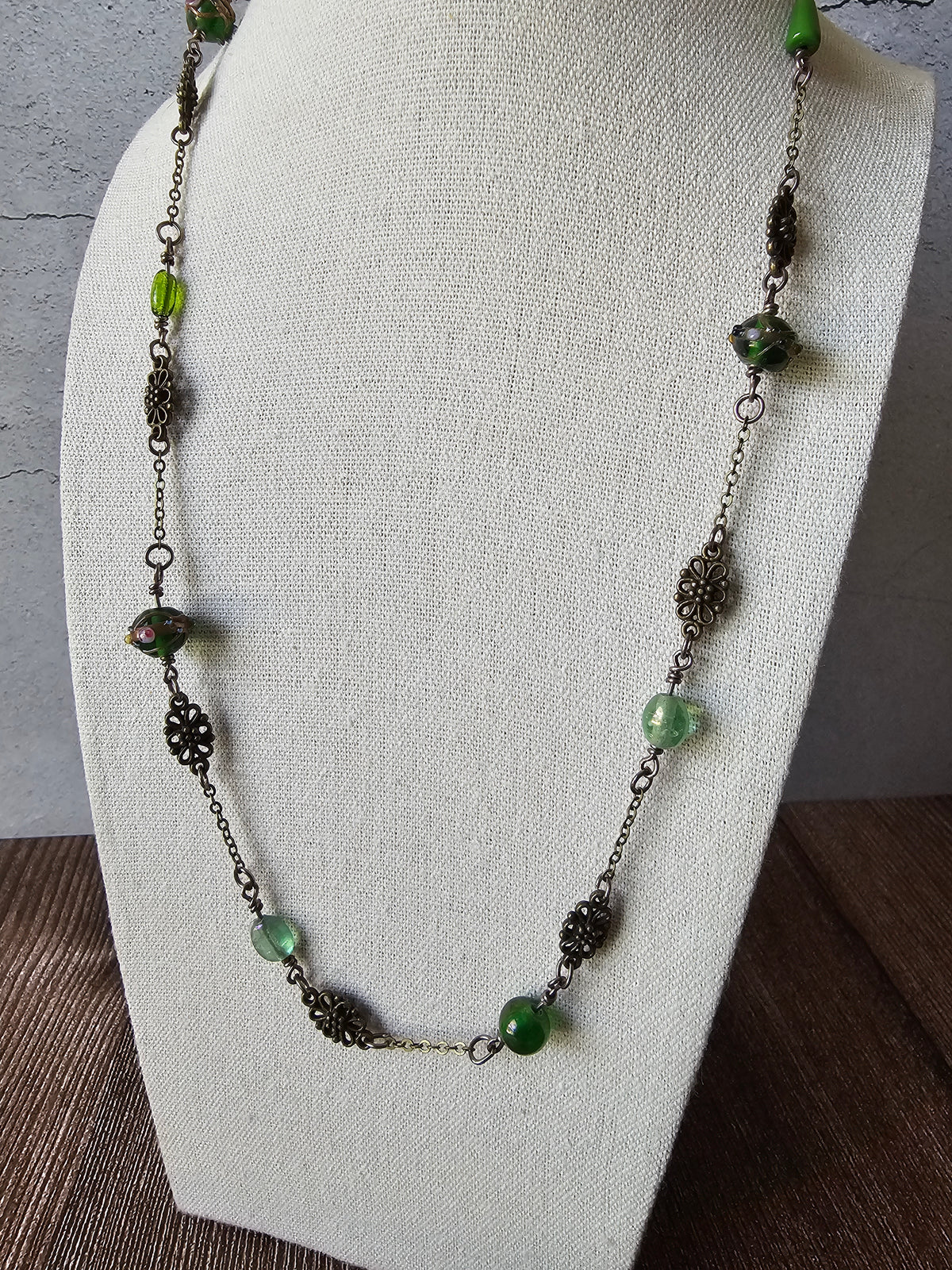 Antique Bronze Charm Chain Necklace Earrings Set W/Green Glass Beads