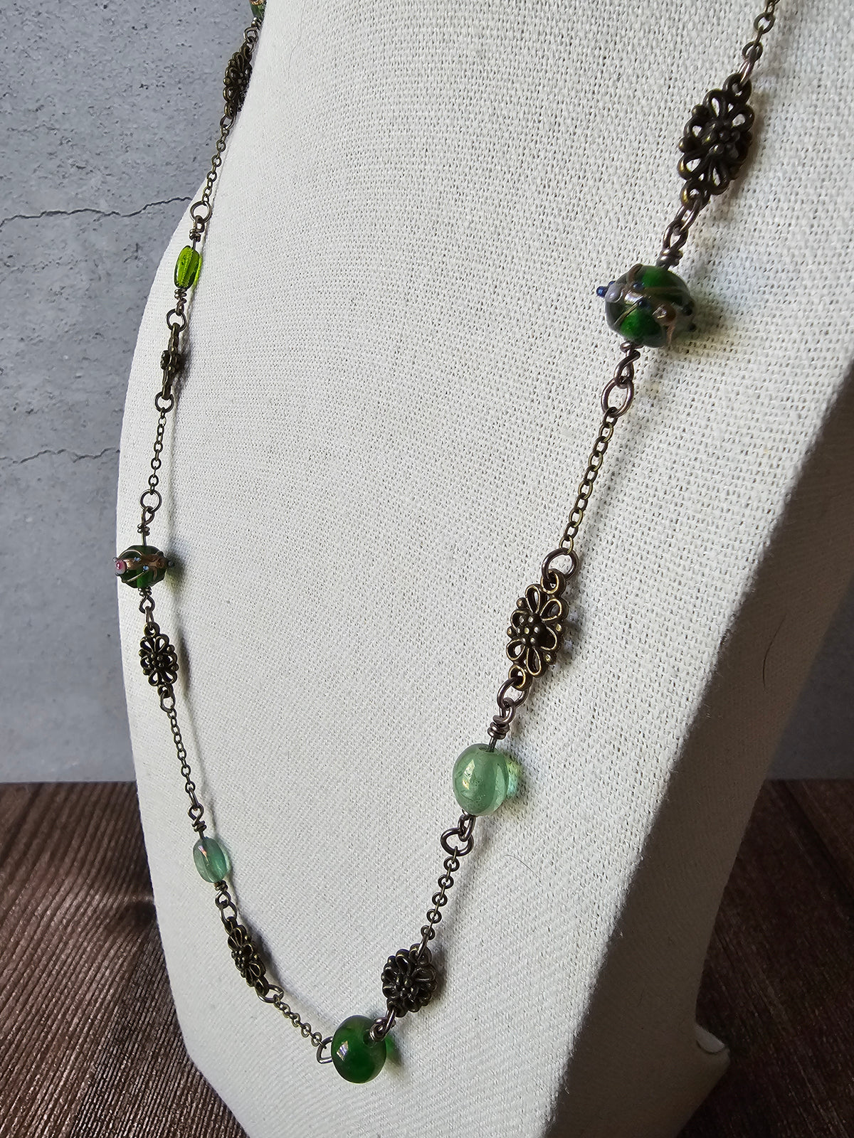 Antique Bronze Charm Chain Necklace Earrings Set W/Green Glass Beads