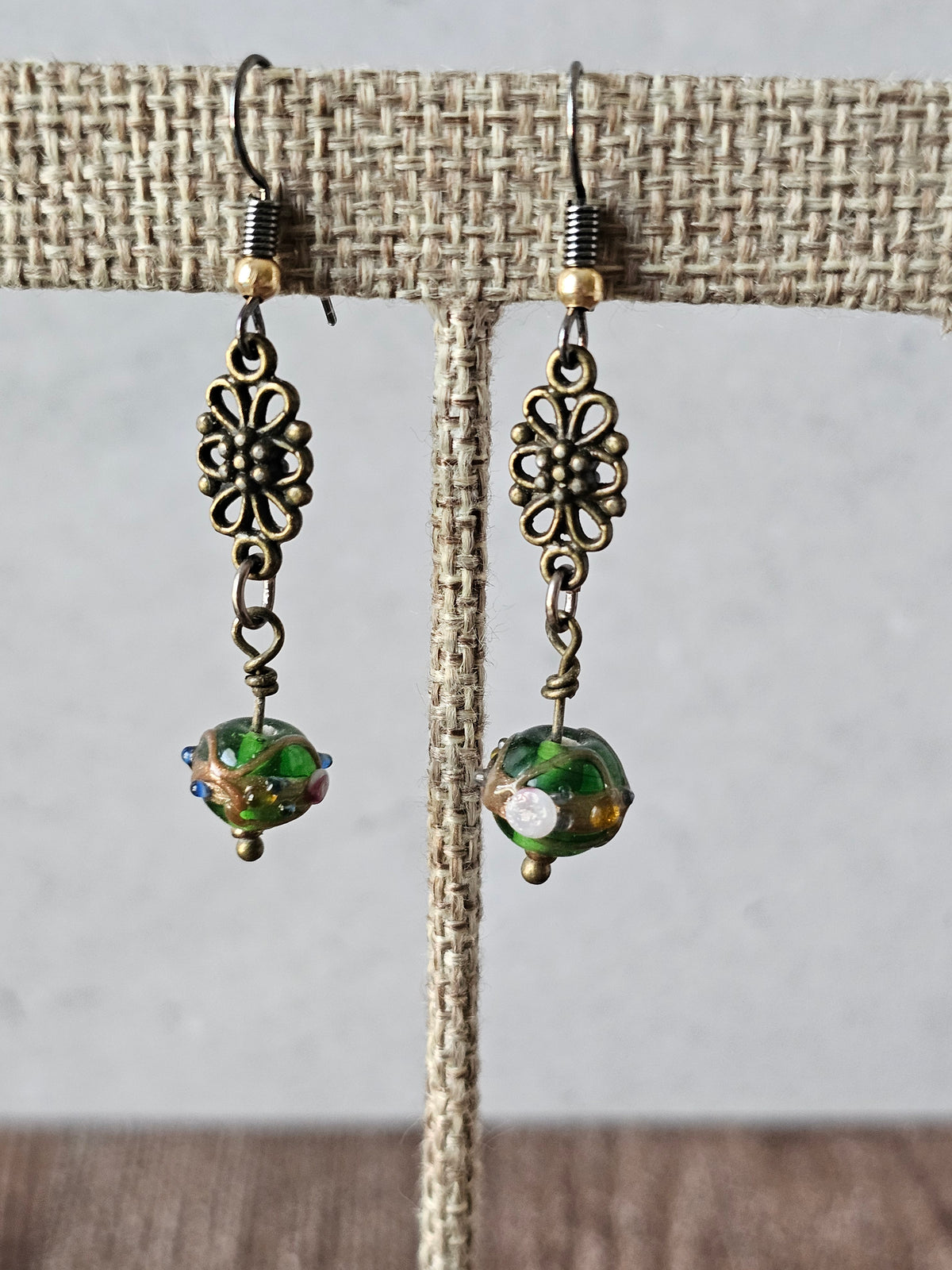 Antique Bronze Charm Chain Necklace Earrings Set W/Green Glass Beads