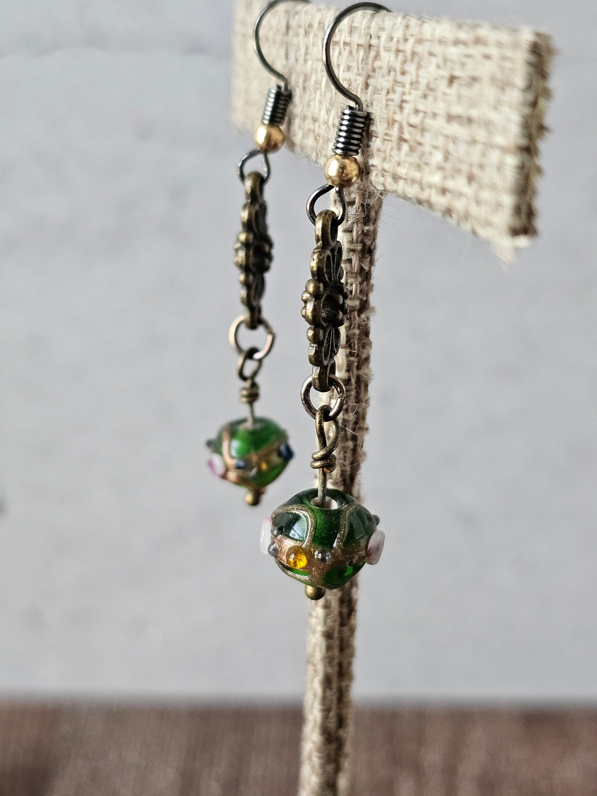 Antique Bronze Charm Chain Necklace Earrings Set W/Green Glass Beads
