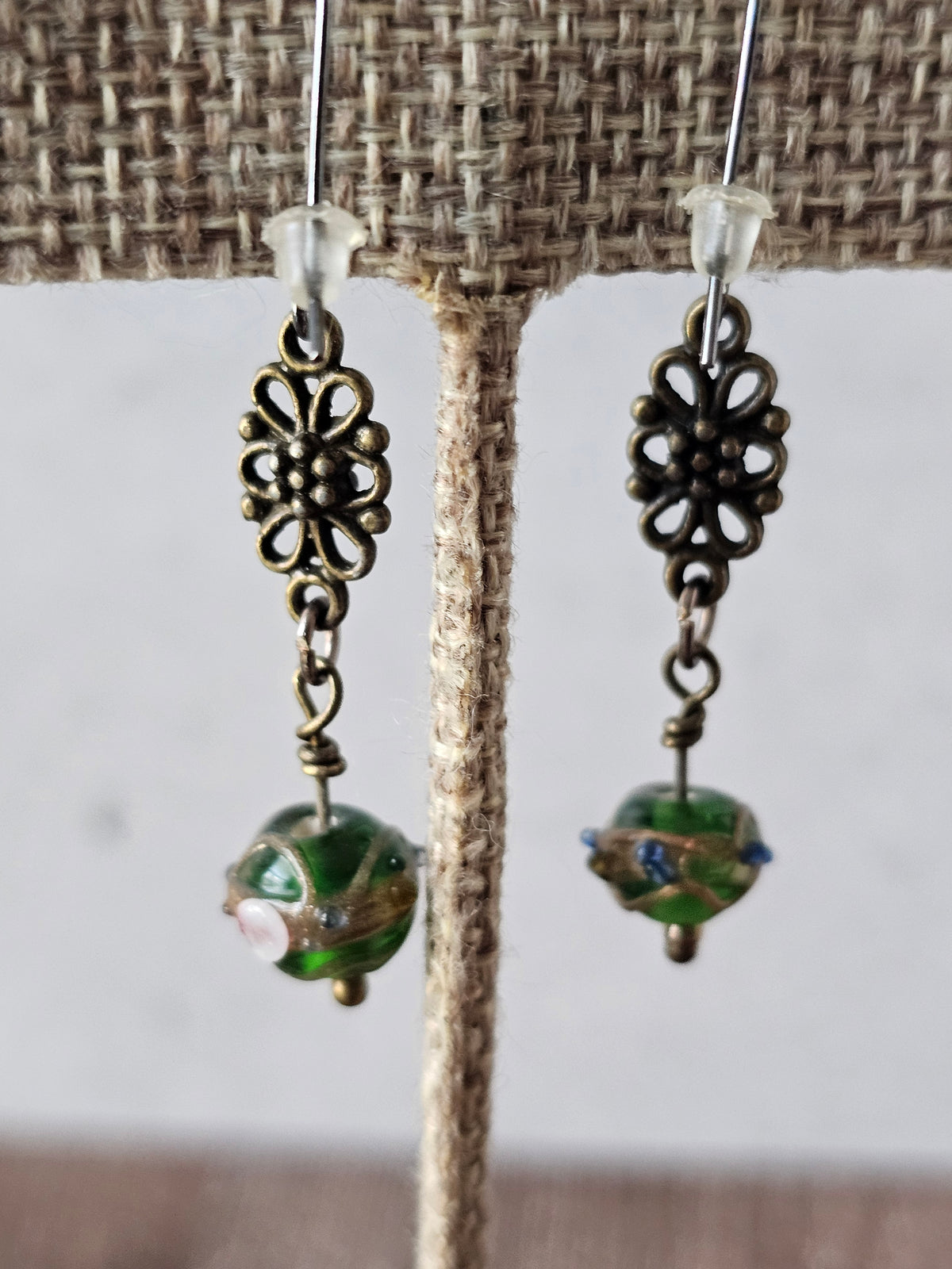 Antique Bronze Charm Chain Necklace Earrings Set W/Green Glass Beads