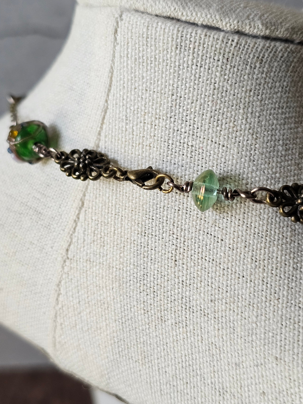 Antique Bronze Charm Chain Necklace Earrings Set W/Green Glass Beads
