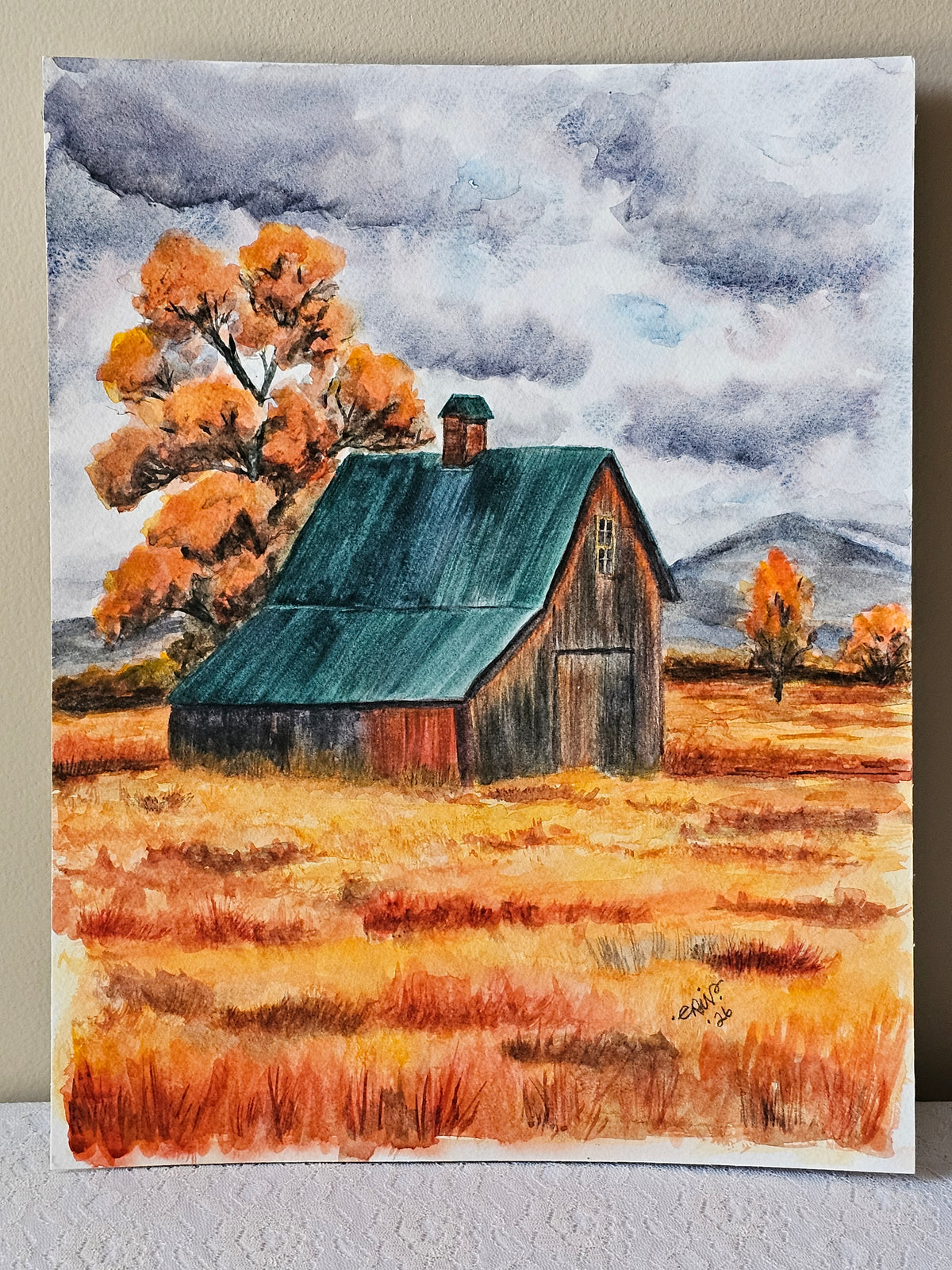 Original Watercolor Art 'Rustic Autumn Barn' 11x14" Painting Unframed