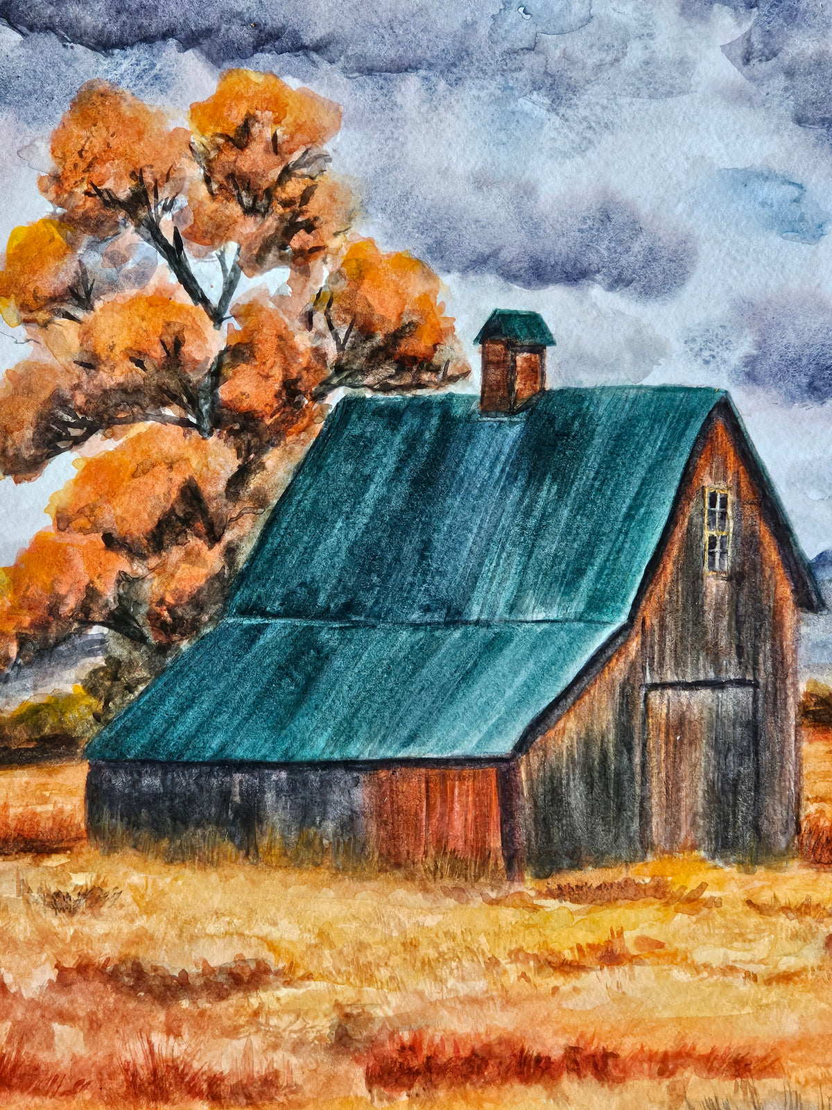 Original Watercolor Art 'Rustic Autumn Barn' 11x14" Painting Unframed