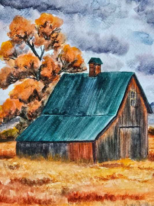 Original Watercolor Art 'Rustic Autumn Barn' 11x14" Painting Unframed