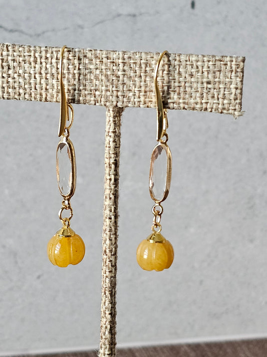 Artisan Fall Yellow Jade Pumpkin Earrings With Oblong Rhinestones & 18k GP Ear Hooks