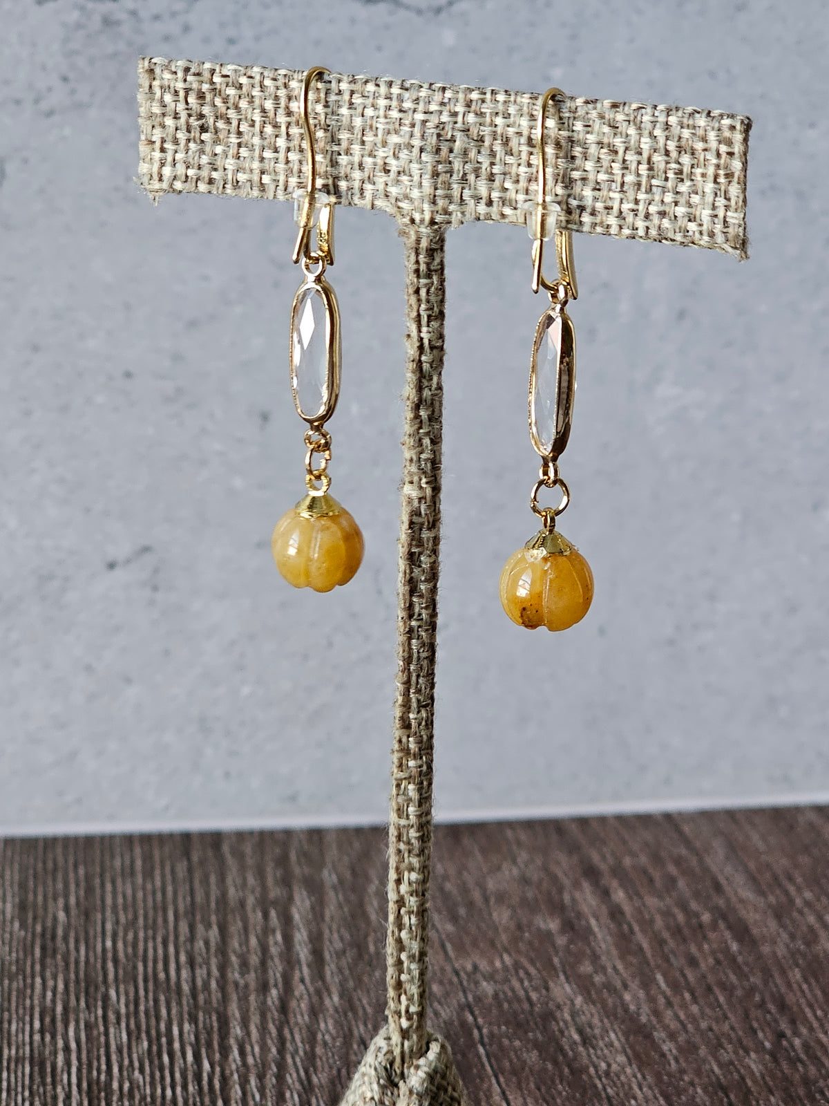 Artisan Fall Yellow Jade Pumpkin Earrings With Oblong Rhinestones & 18k GP Ear Hooks