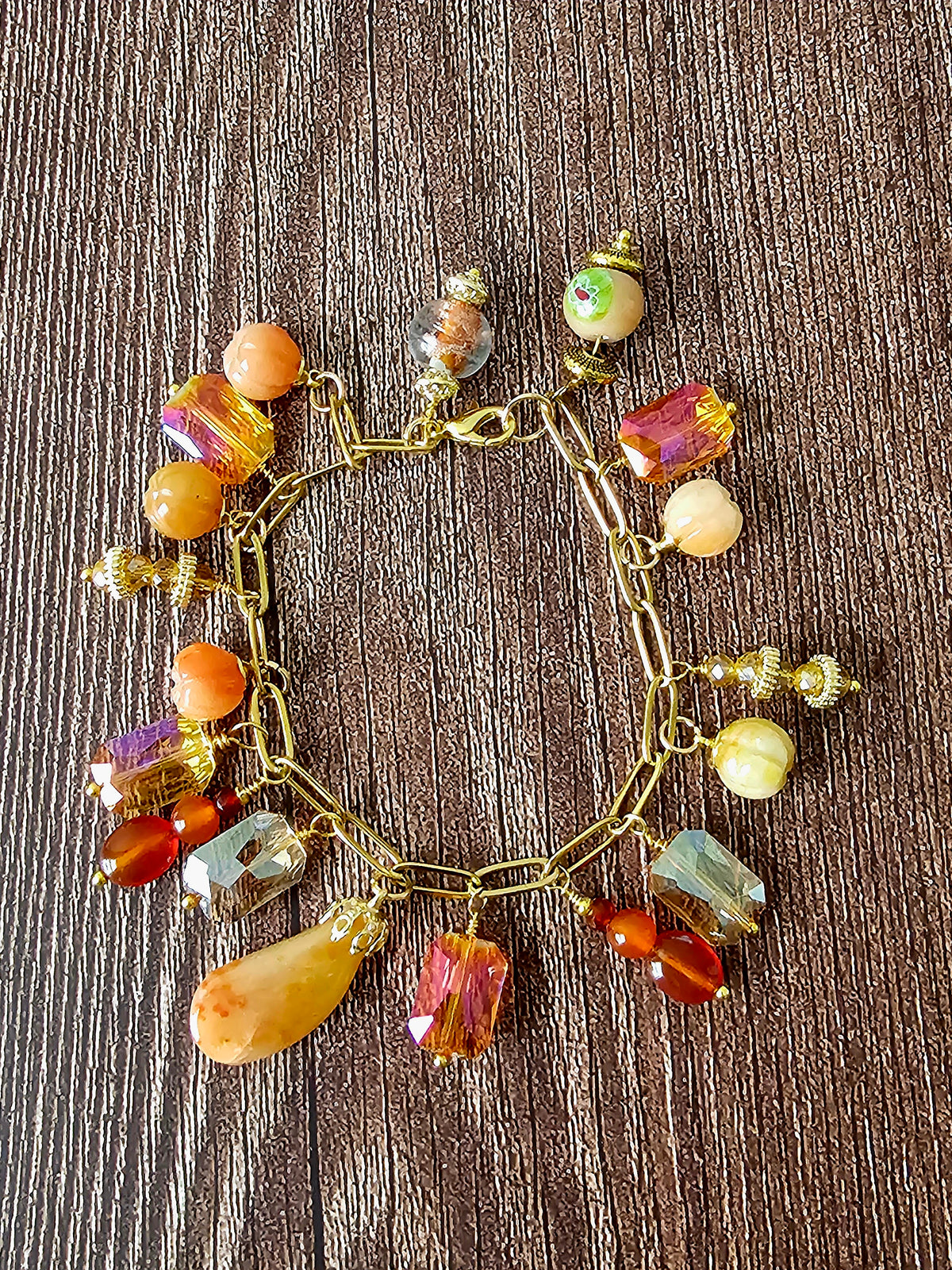 Fall Charm Artisan Bracelet With Crystal Jewel, Peach Jade & Aventurine Beads 7.5"