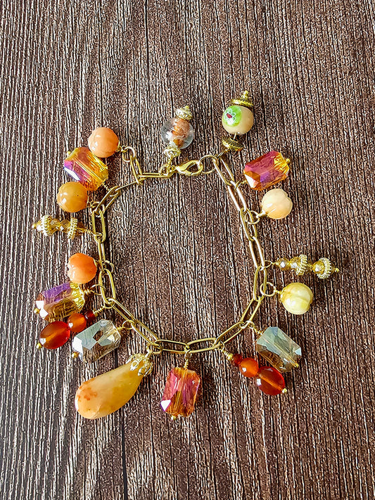 Fall Charm Artisan Bracelet With Crystal Jewel, Peach Jade & Aventurine Beads 7.5"