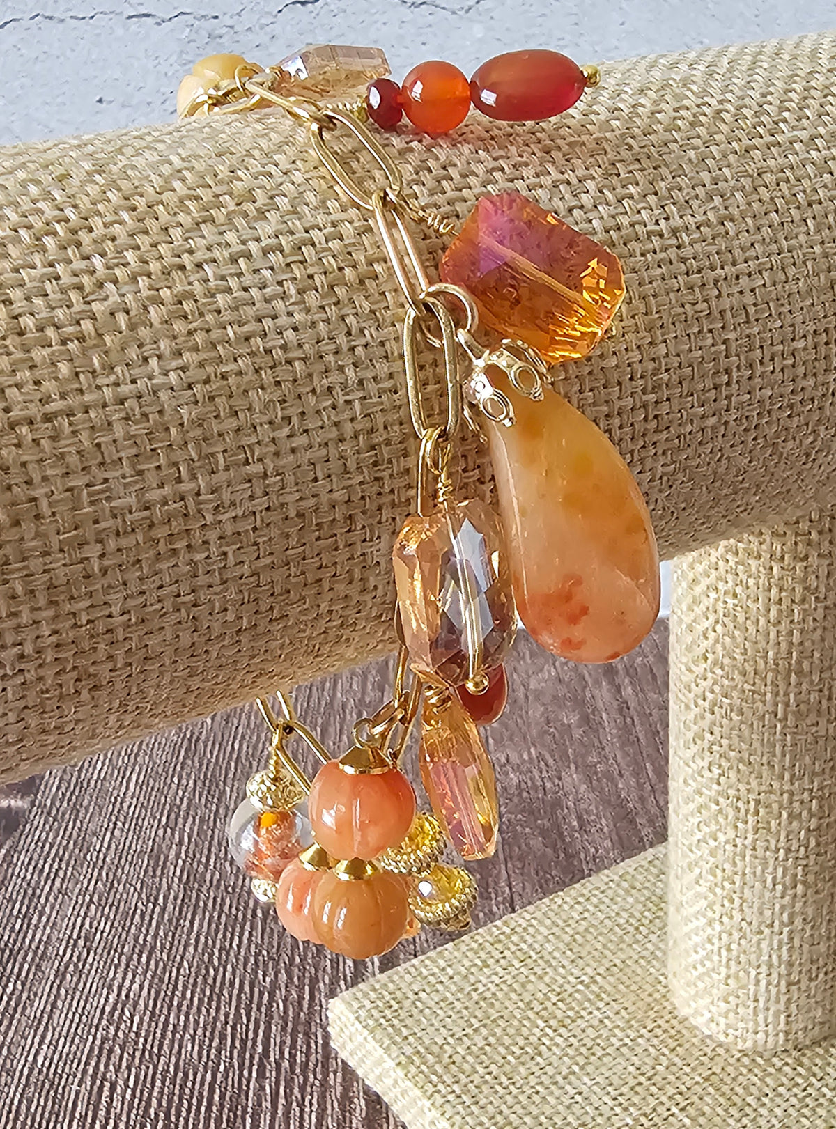 Fall Charm Artisan Bracelet With Crystal Jewel, Peach Jade & Aventurine Beads 7.5"