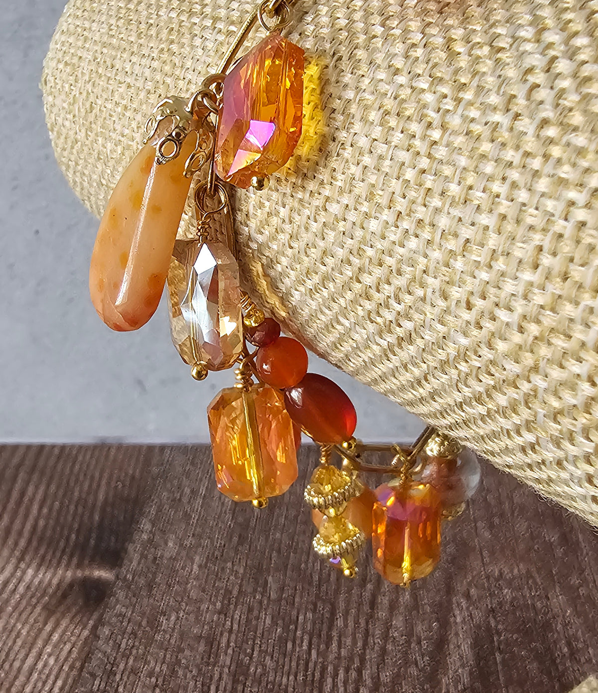 Fall Charm Artisan Bracelet With Crystal Jewel, Peach Jade & Aventurine Beads 7.5"