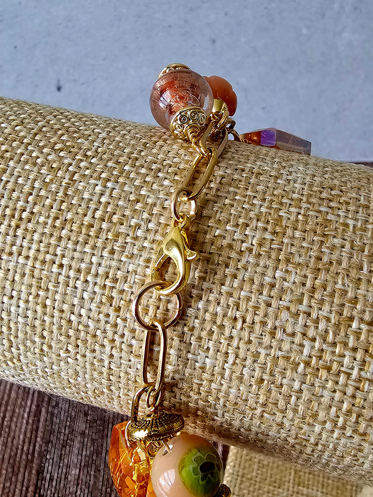 Fall Charm Artisan Bracelet With Crystal Jewel, Peach Jade & Aventurine Beads 7.5"