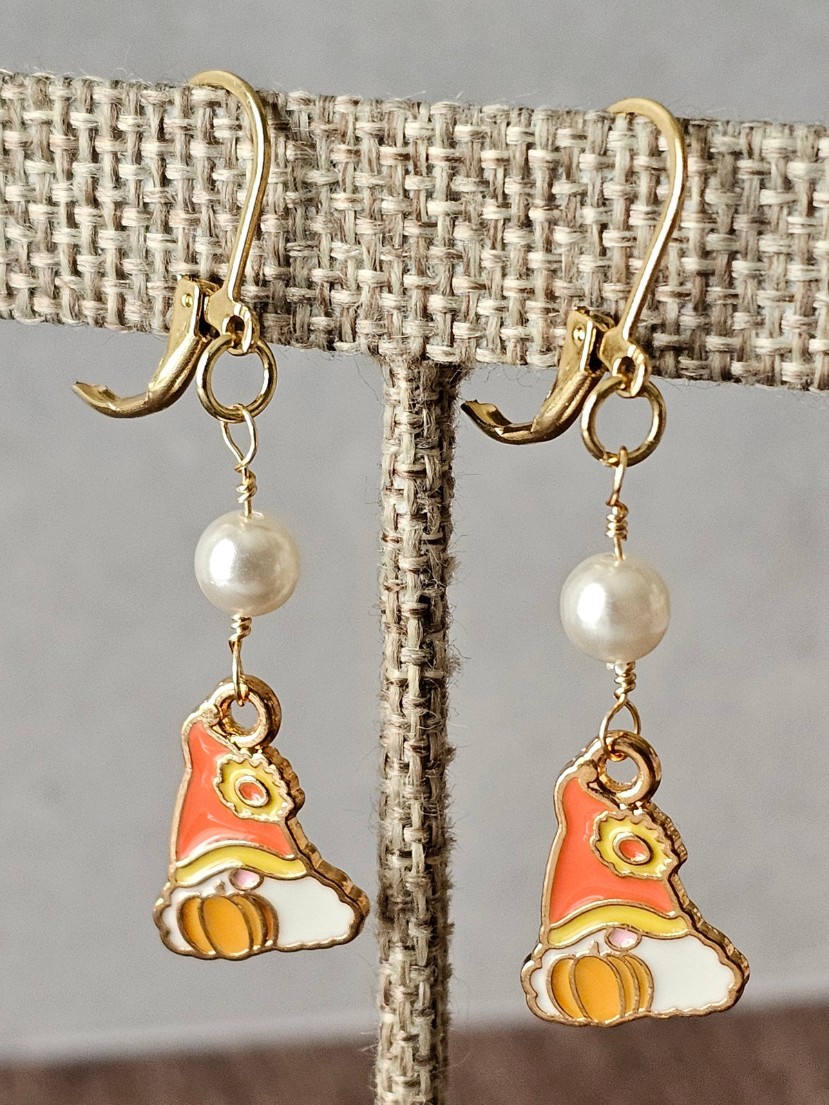 Fall Charm Gnome Pumpkin Earrings W/White Pearl on 18k Gold Leverbacks