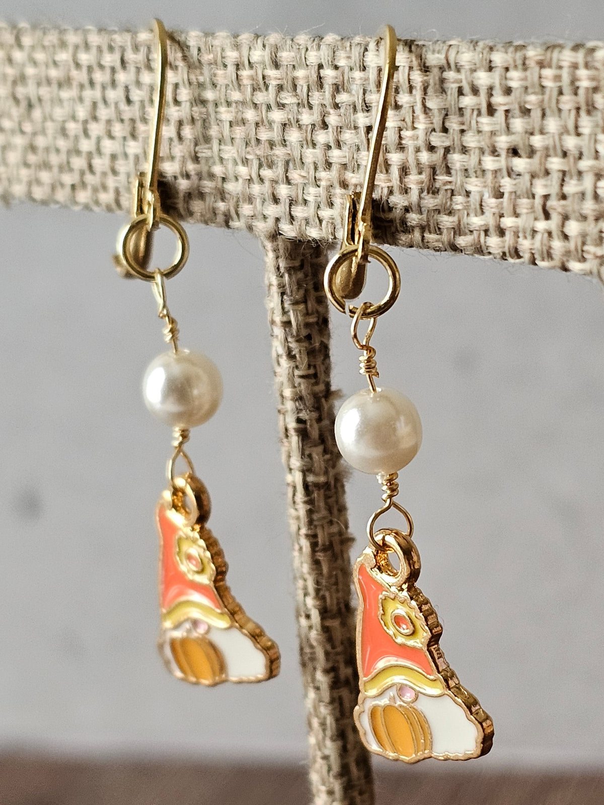 Fall Charm Gnome Pumpkin Earrings W/White Pearl on 18k Gold Leverbacks