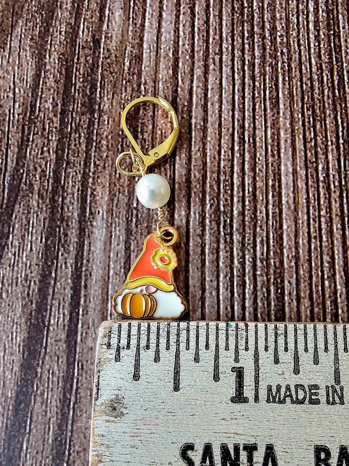 Fall Charm Gnome Pumpkin Earrings W/White Pearl on 18k Gold Leverbacks