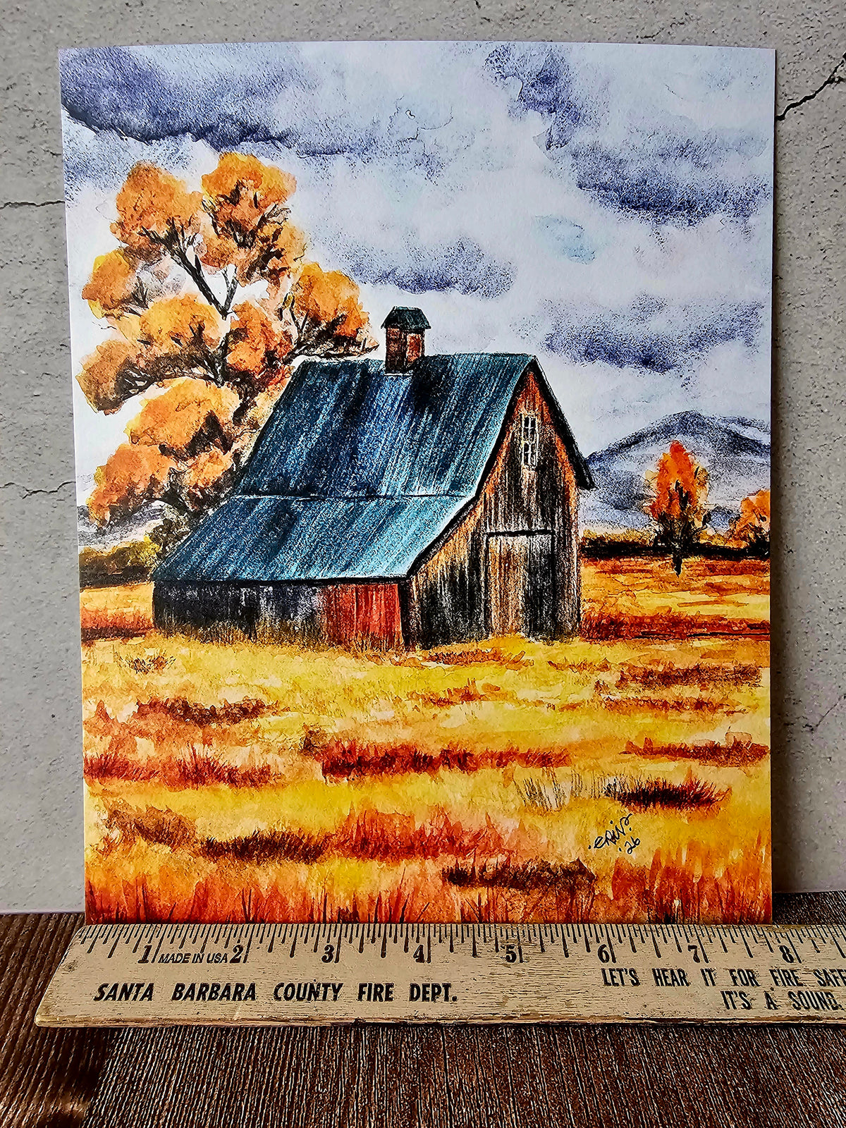 Fall Watercolor Art Painting Print of Rustic Autumn Barn 8x10"