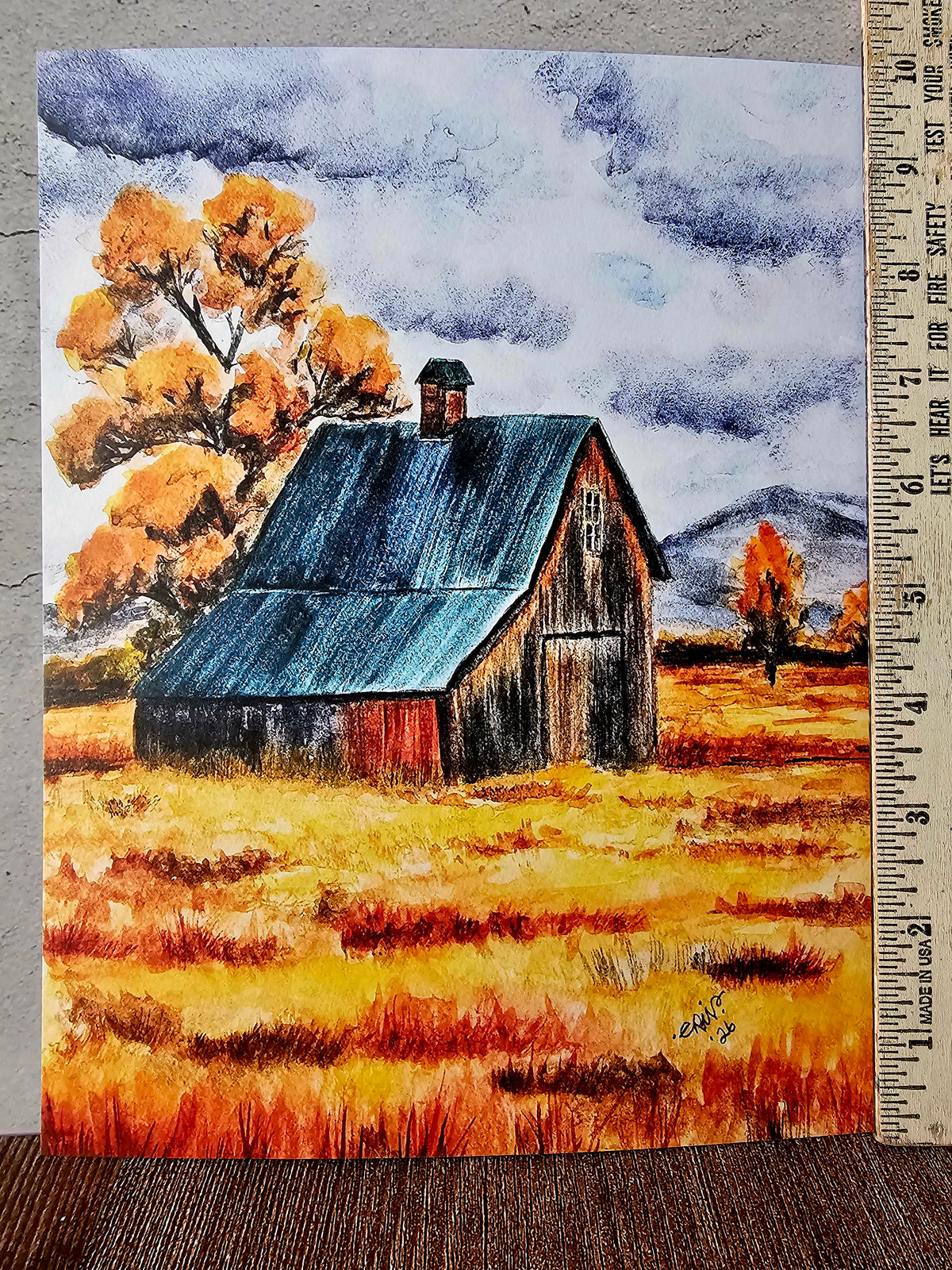 Fall Watercolor Art Painting Print of Rustic Autumn Barn 8x10"